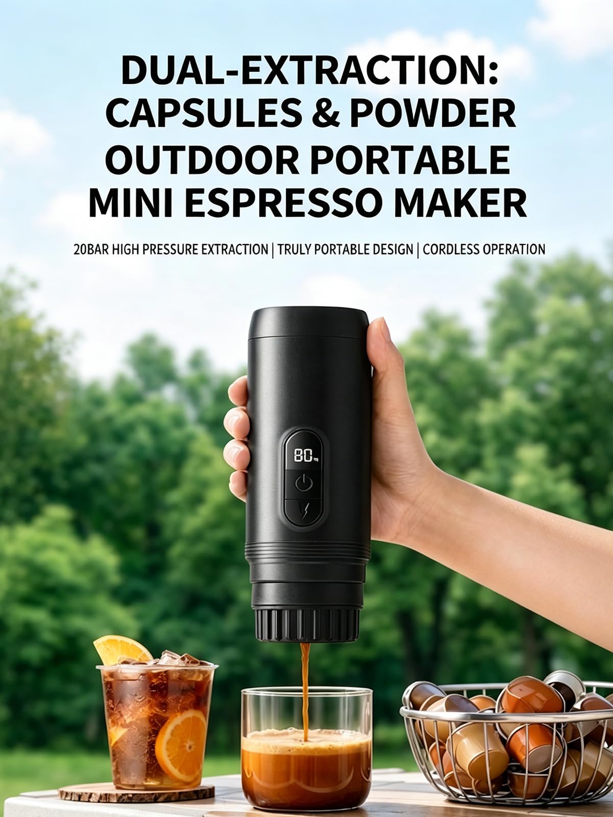 Cafetera Espresso Portátil 2 en 1, Máquina de Café Inalámbrica de Alta Presión de 20 Bares con Pantalla Digital, Cafetera de Cápsulas Mini Resistente al Agua IPX5 para Viaje, Camping al Aire Li white