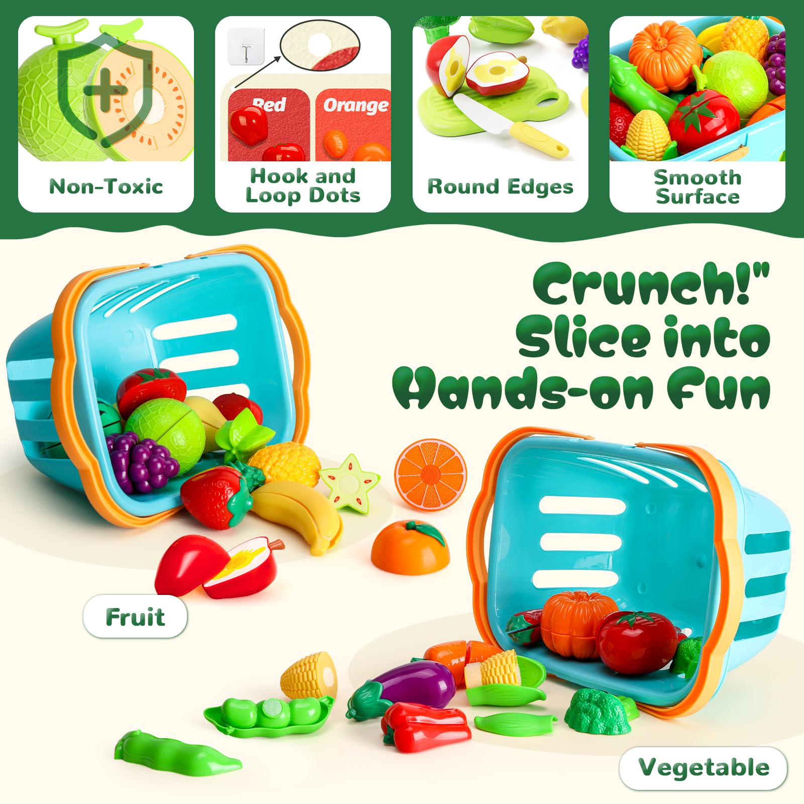 SOCBTNSO Essens-Set mit Filz-Baummatte und Aufbewahrungskorb: Küchenzubehör, Spielzeug, Obst und Gemüse, sensorisches Spielzeug, Montessori-Farbsortierung, Geschenk für 3, 4, 5, 6 Jahre, Kleinkinder
