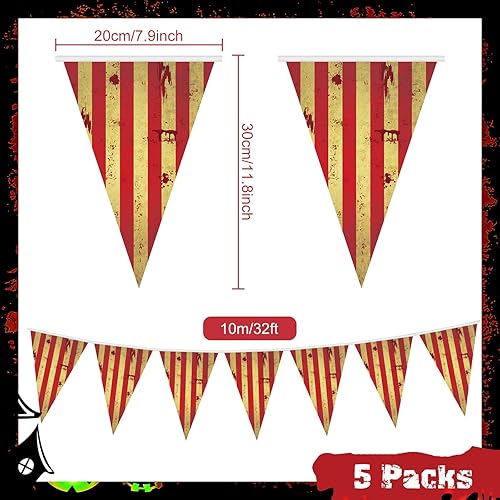 Miniatura 3 de Paquete de 5 decoraciones de circo, decoraciones espeluznantes de carnaval, banderines de Halloween, banderines de rayas rojas y blancas, pancarta