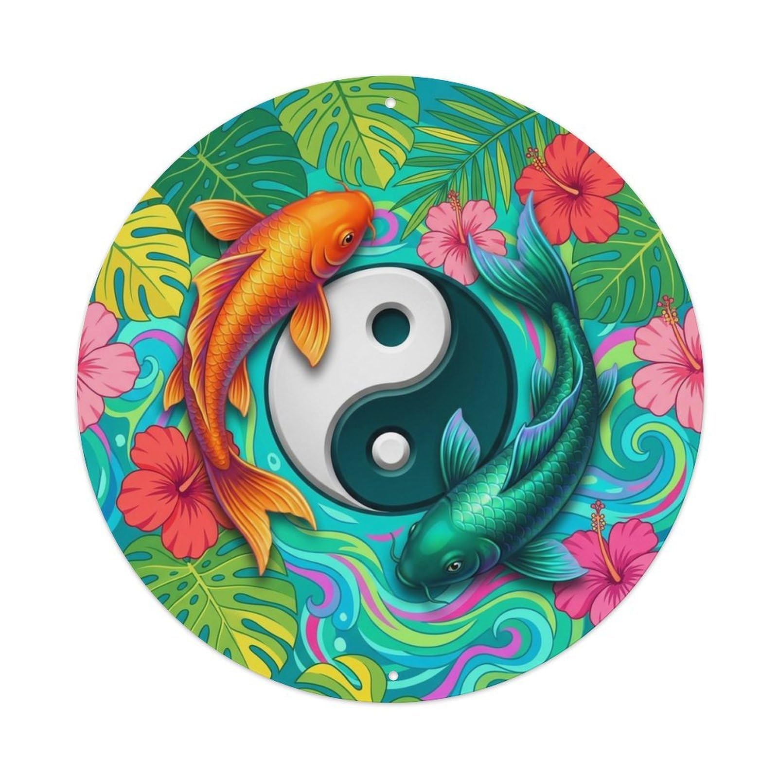 Japanese Koi Symbol Tropical Water Energy Metal Tin Sign Plaque Wall Decor for Cafe, Man Cave, Club Bar, Office, Home Garden Round Metal Poster 8x8Inch