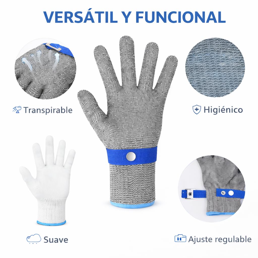 Guantes anticorte cocina nivel ANSI A9, protección integral de palma, dorso, dedos y muñeca, CE EN 388:2016 2 4 4 X F, con guante interior de nylon para mayor comodidad. (1, XL)