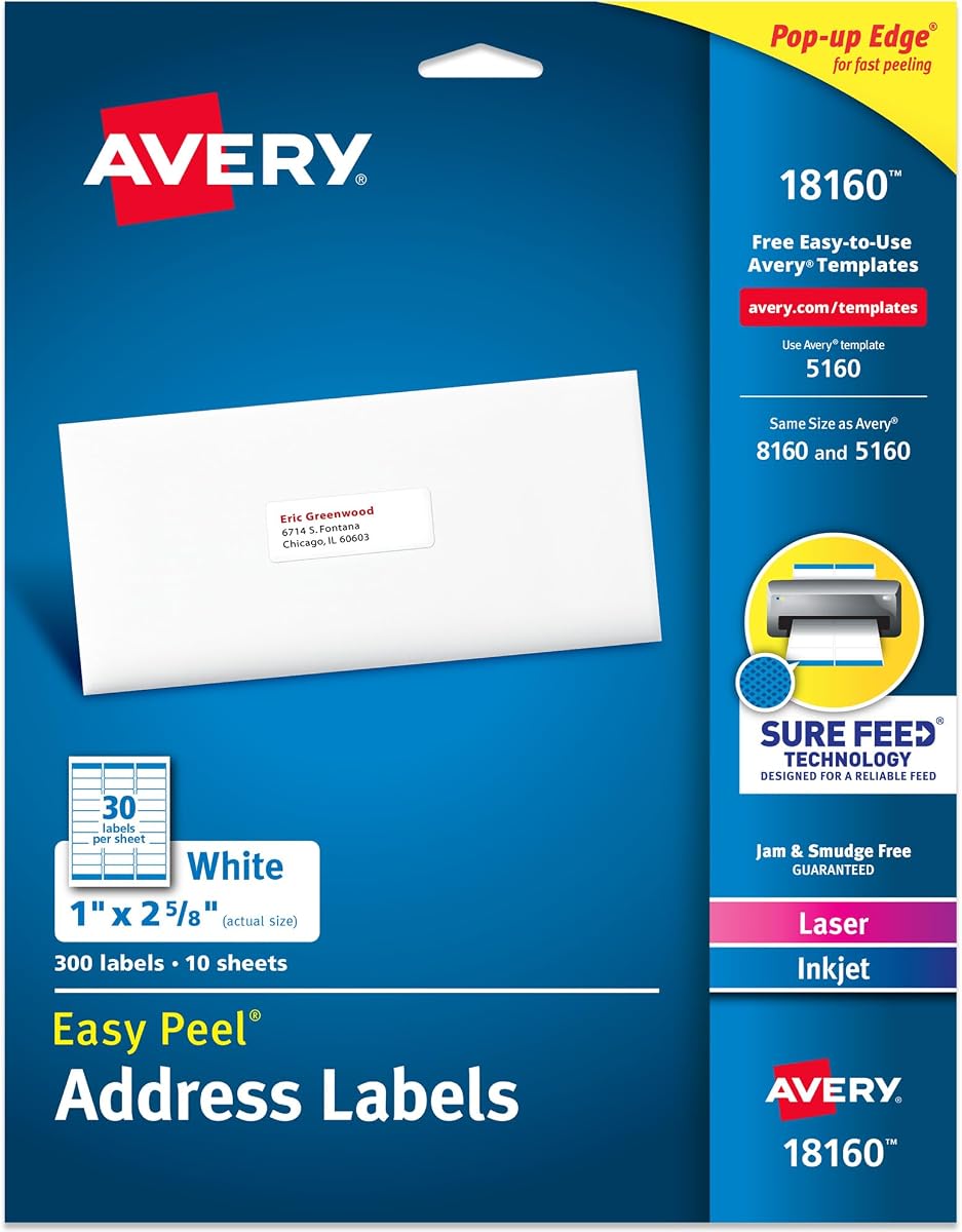 Easy Peel Printable Address Labels, Sure Feed Technology, 1" x 2-5/8" Customizable Stickers, White, 300 Blank Mailing Labels, Great for Mailing, Shipping, and More (18160)