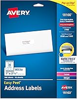 Avery 18160 Easy Peel Printable Address Labels, 1x2-5/8 Inch, 300 White Sheets with Sure Feed for Jam-Free Laser/Inkjet Printing
