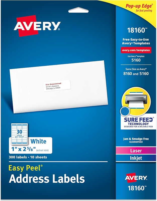 Easy Peel Printable Address Labels, Sure Feed Technology, 1" x 2-5/8" Customizable Stickers, White, 300 Blank Mailing Labels, Great for Mailing, Shipping, and More (18160)