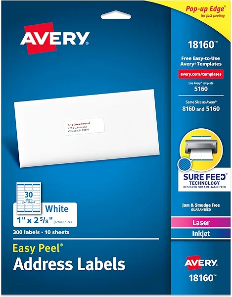 Avery Easy Peel Printable Address Labels with Sure Feed, 1" x 2-5/8" Customizable Stickers, White, 300 Blank Mailing Labels, Great for Mailing, Shipping, and More (18160)