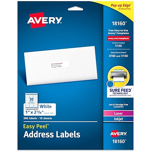Avery Easy Peel Printable Address Labels with Sure Feed, 1" x 2-5/8" Customizable Stickers, White, 300 Blank Mailing Labels, Great for Mailing, Shipping, and More (18160) - 1" x 2 5/8" - 300 labels