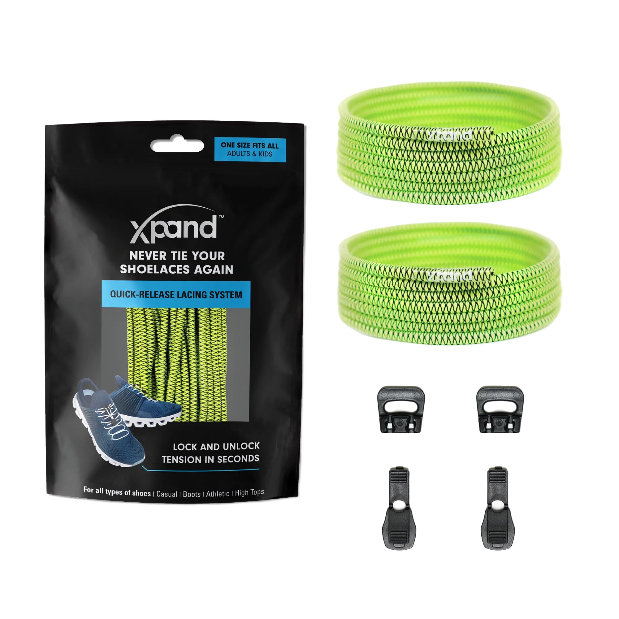 Xpand Round Lacing. Elastic No Tie Shoelaces - Quick Release Tension Control - One Size Fits All Adult and Kids Shoes