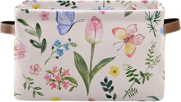 Aslsiy Storage Basket Cute Bright Flowers Easter Nursery Bins Butterfly Pink Canvas Clothes Shelf Basket Laundry Hamper Gift Basket 1 Pcs