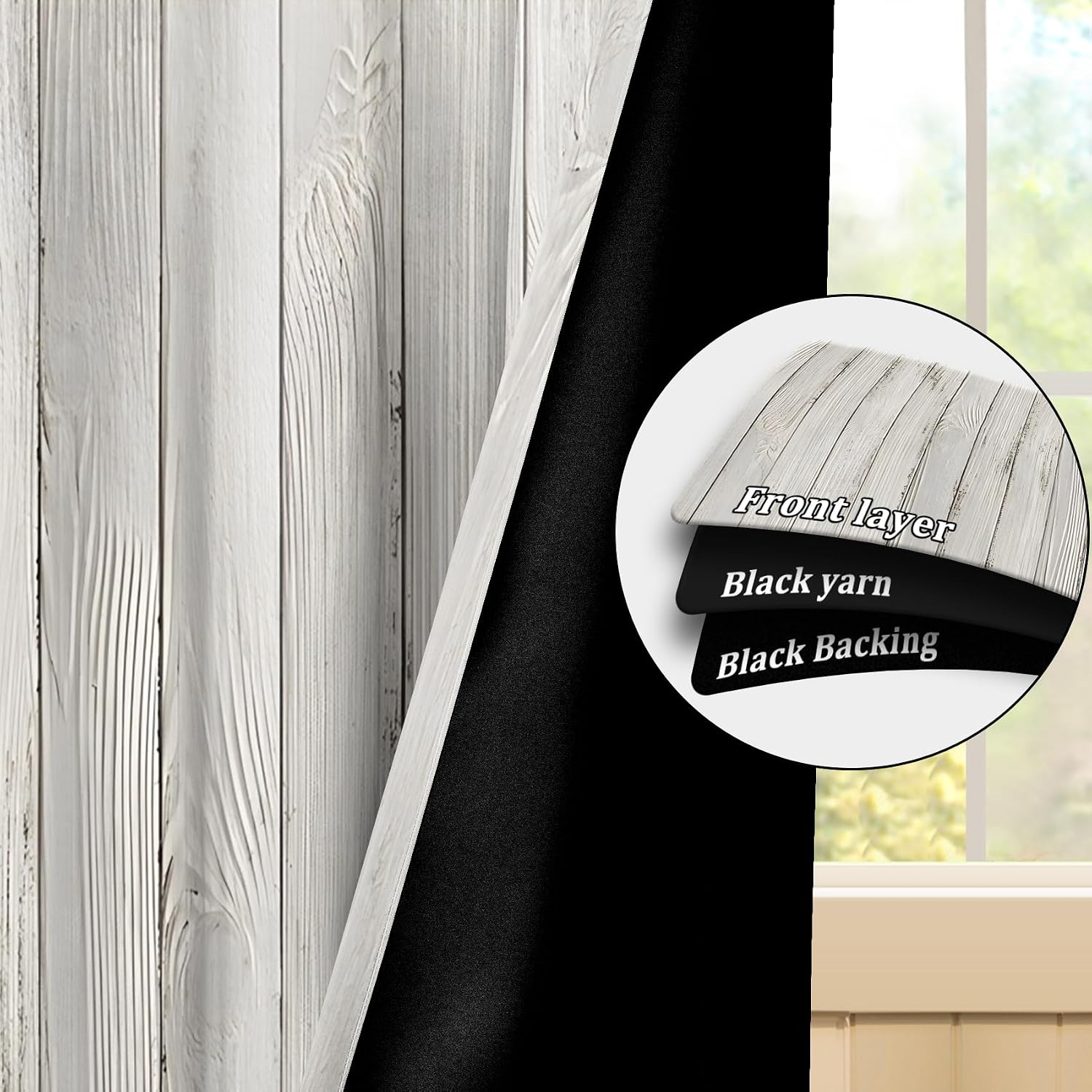 Renaiss 26 x 36 Inch Vintage Wooden Blackout Curtains Grey Wood Door Farmhouse Village Rural Retro Decor for Kitchen Bathroom Darkening Vertical Drapes Grommet Window Drapes Black Liner 2 Panels