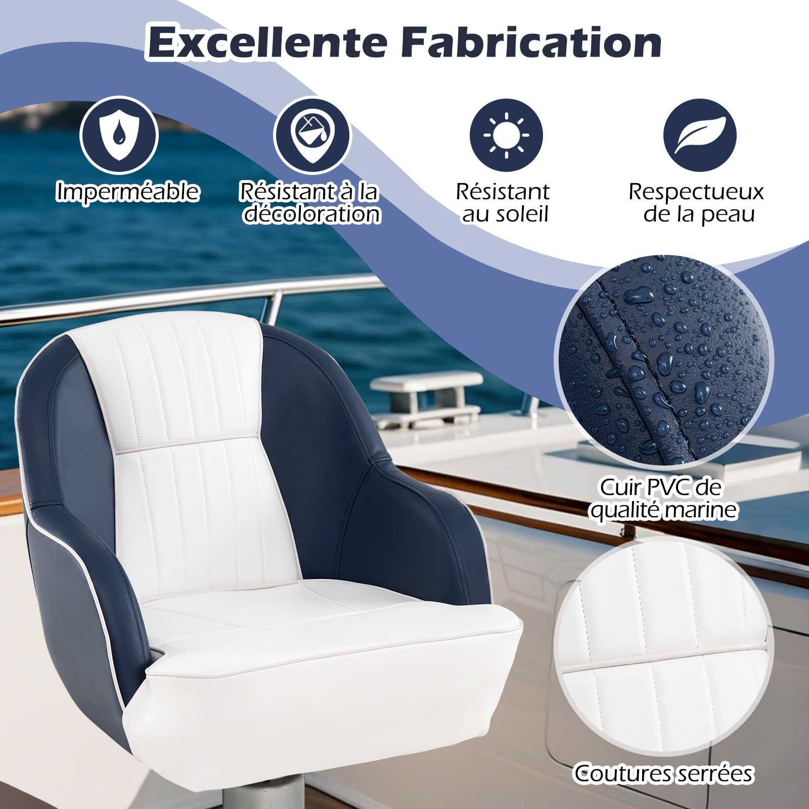 COSTWAY Siège de Bateau Ponton en Cuir PVC Imperméable, Siège de Pêche Rembourrage en Éponge Épaisse avec Dossier Incurvés, Chaise de Marin pour Pêche Tourisme, Bleu+Blanc