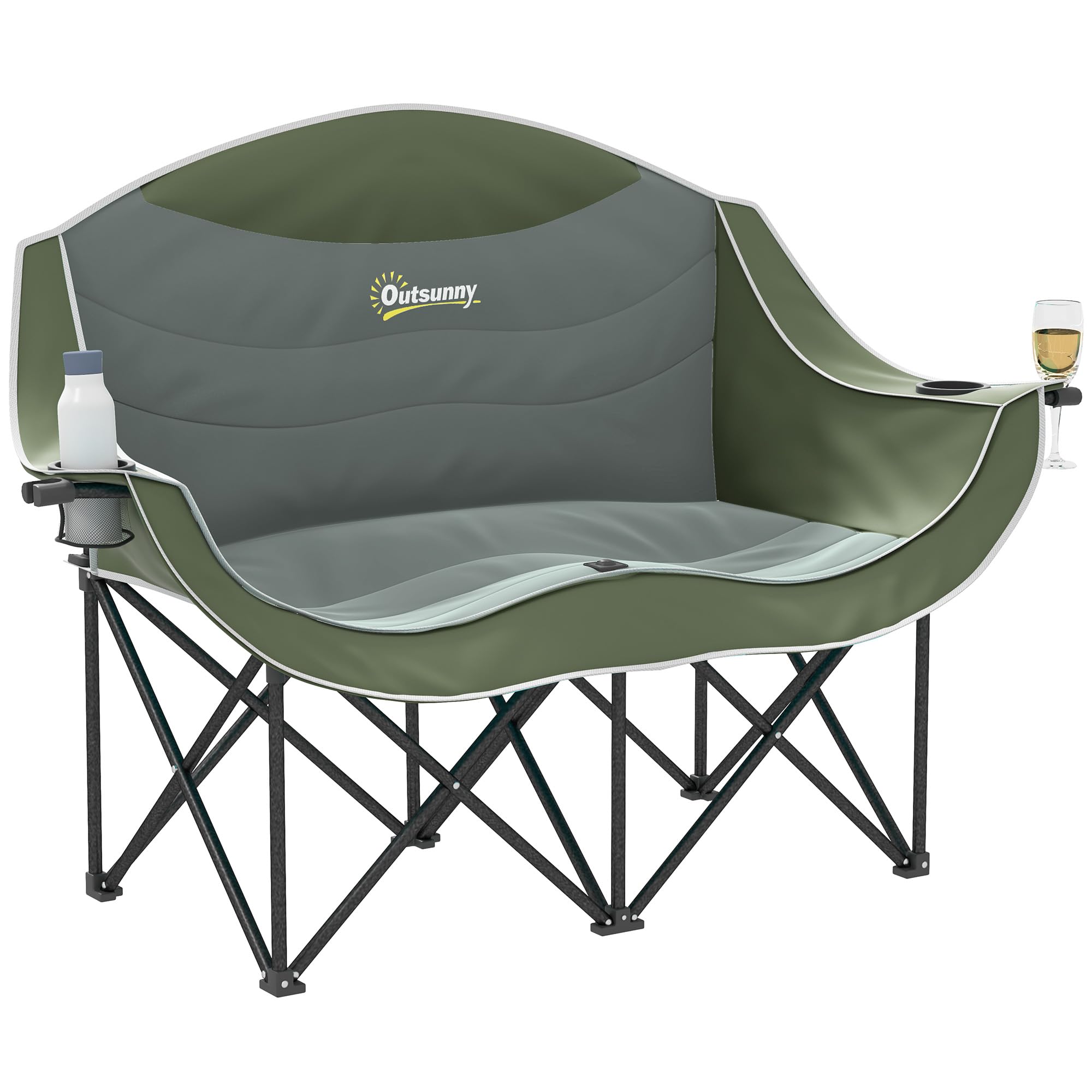 Outsunny Double Camping Chair for Adults with Armrests, Heavy Duty Oversized Padded Folding Chair with Carry Bag, Cup Holders for Outdoor Hiking Picnic Camping Fishing, 250kg Capacity, Green