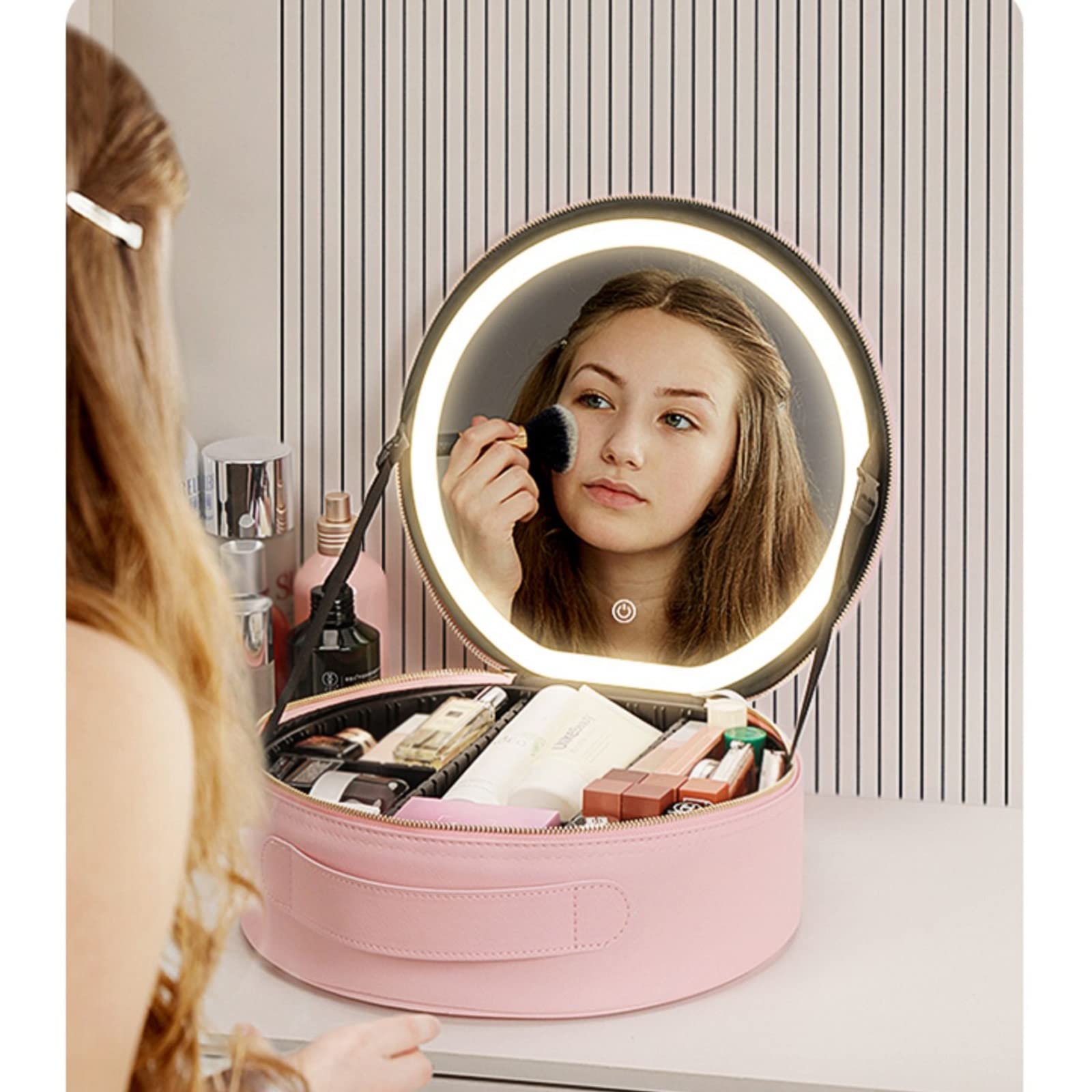 HJXGQJM Professionale Portatile Trousse Make Up Organizers Trucchi Ragazza Valigetta Porta Trucchi, Porta Trucchi con LED, Rotondo Beauty Case da Viaggio,con Divisorio Valigetta Trucchi,Nero(Pink)