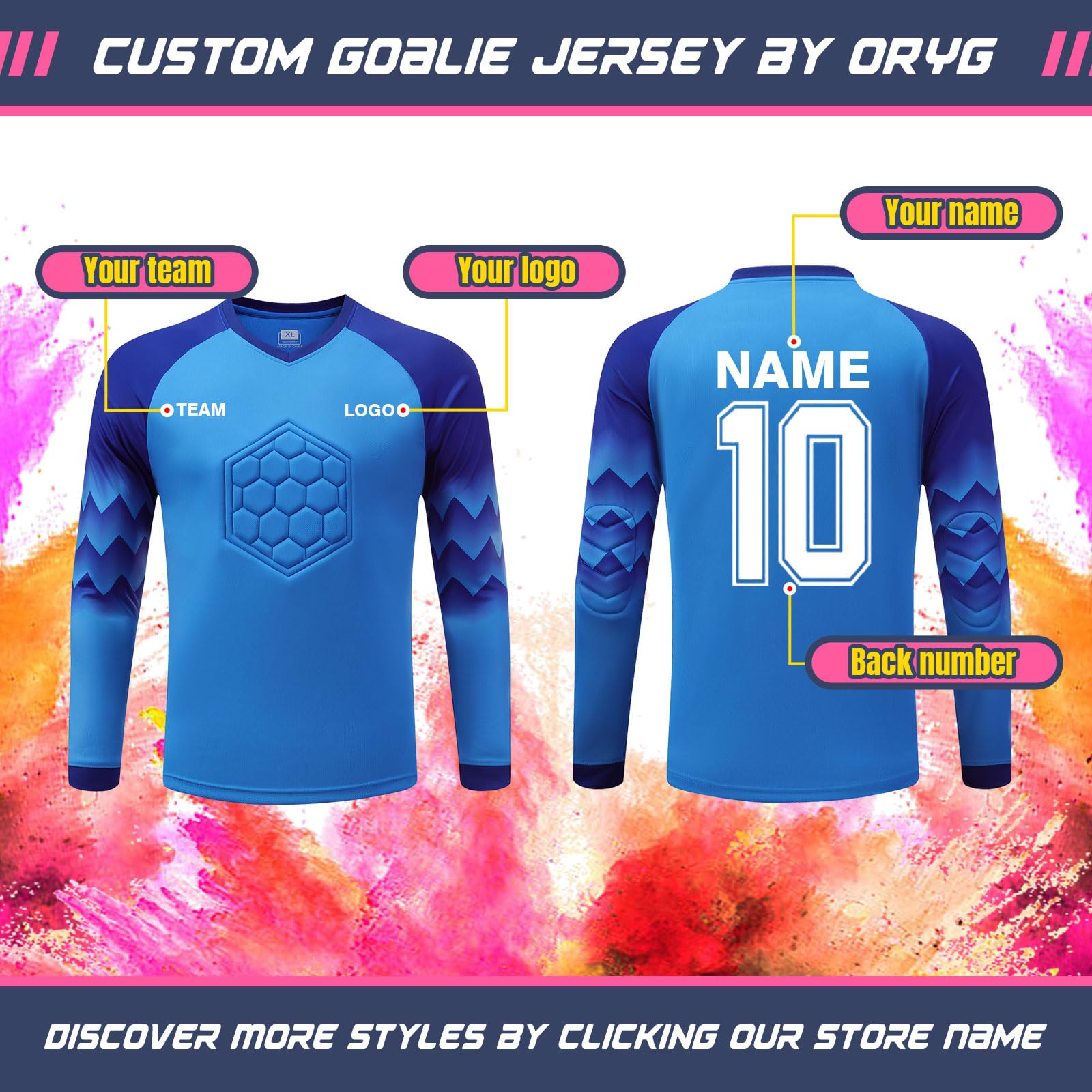 ORYG Custom Goalkeeper Jersey Padded Soccer Goalie Shirt Goalkeeper Kit Personalized for Boys Youth Adults with Name Number Blue