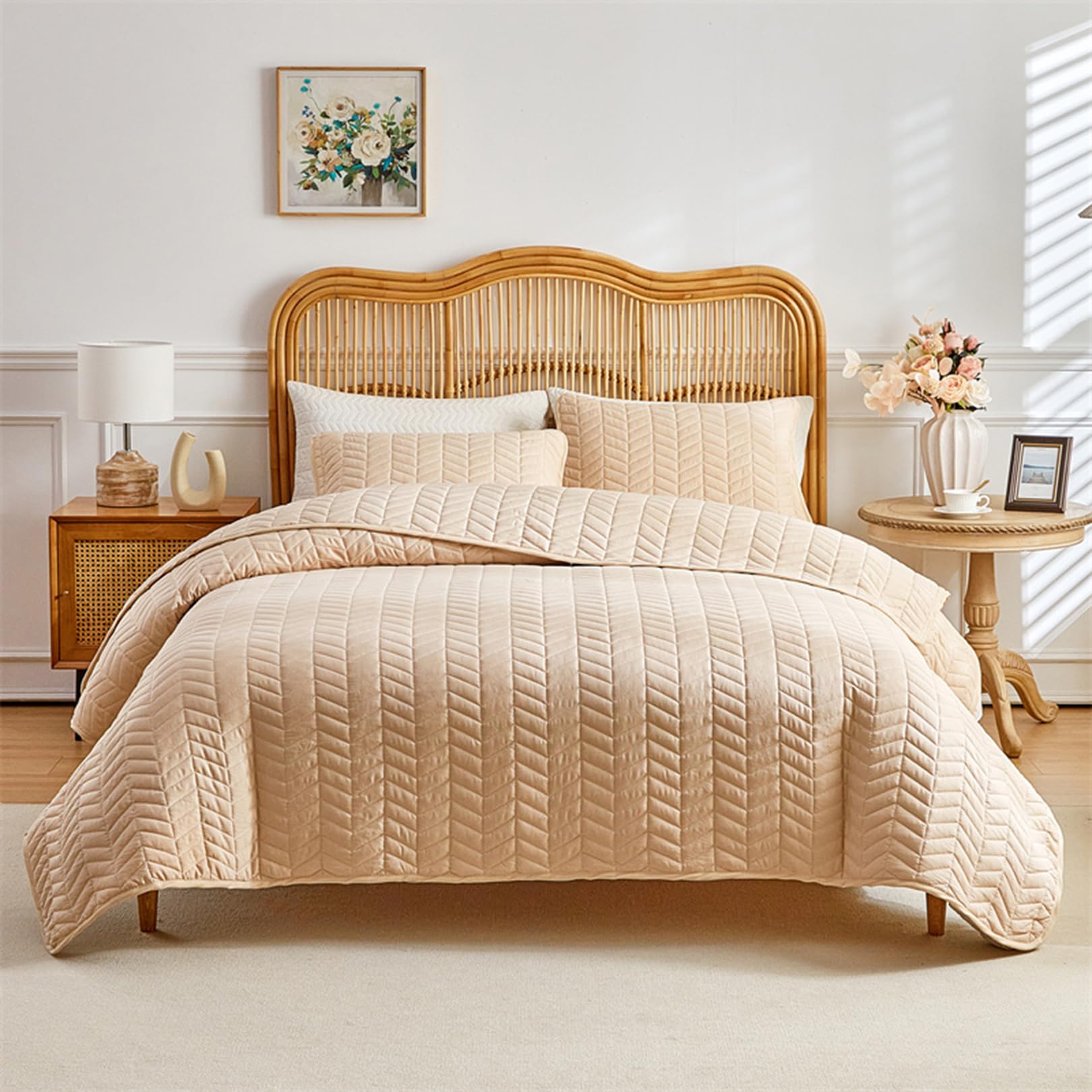 Yinghesheng Quilted Bedspreads Double Size-3 Pcs Soft Bed Spread, Coverless Quilted Ear of Wheat Pattern Bedspread for All Season, Bedding Sets with 2 Pillowcases for Bedroom Decor,Beige,Super king