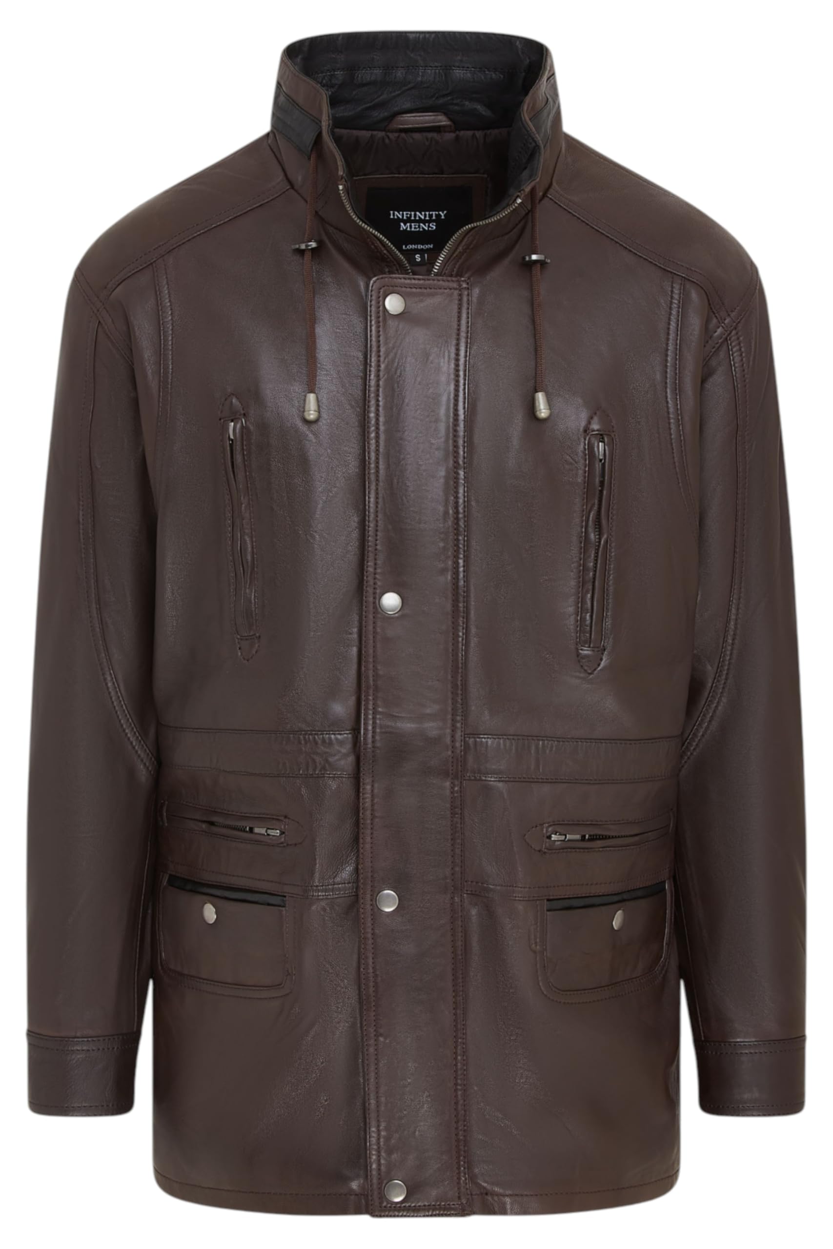 Men's Classic Brown Soft Italian Leather Overcoat Parka Jacket Coat