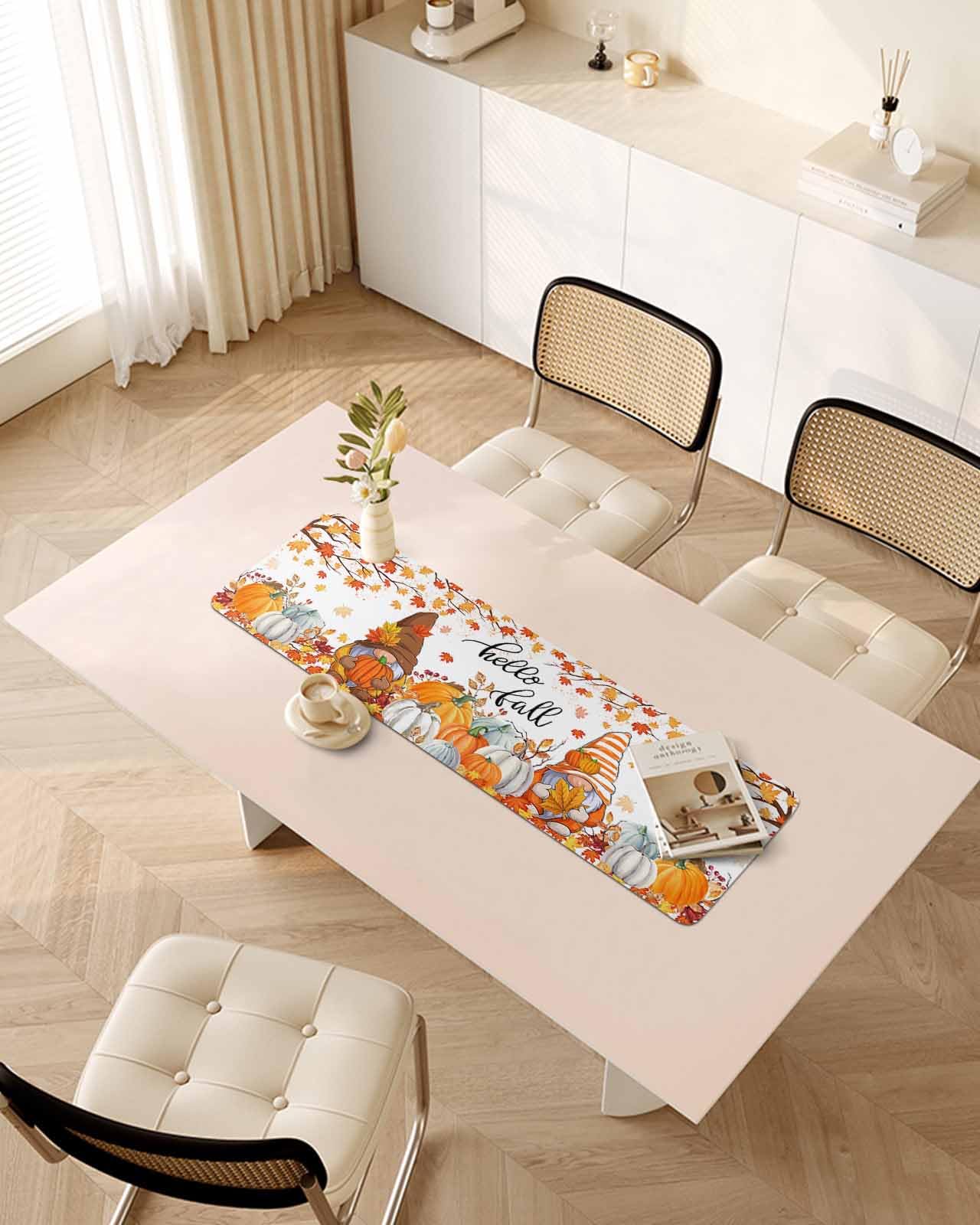 Debedcor Heat Proof Table Pads Waterproof Decorative, Fall Pumpkins Non-Slip Table Countertop Protector, Thanksgiving Gnomes Fallen Leaves Insulation Mat for Dining Room, 48 x 12 Inches