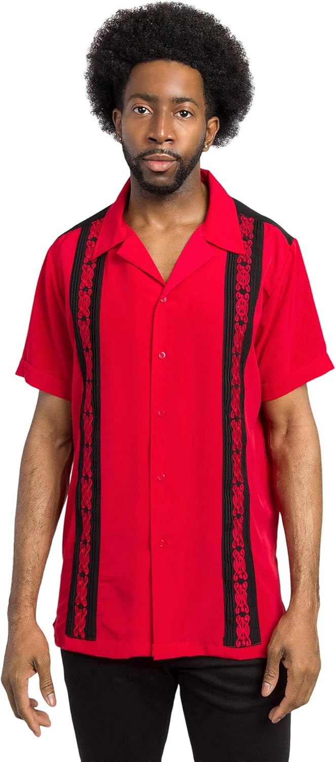 G-Style USA Men's Two Tone Button Up Striped Casual Bowler Guayabera Bowling Shirt