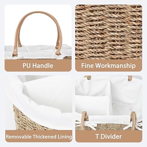 Miniatura 5 de Organizador de pañales de mimbre tejido a mano, bolsa de pañales multifuncional para guardería y almacenamiento en el hogar, forro desmontable, asas