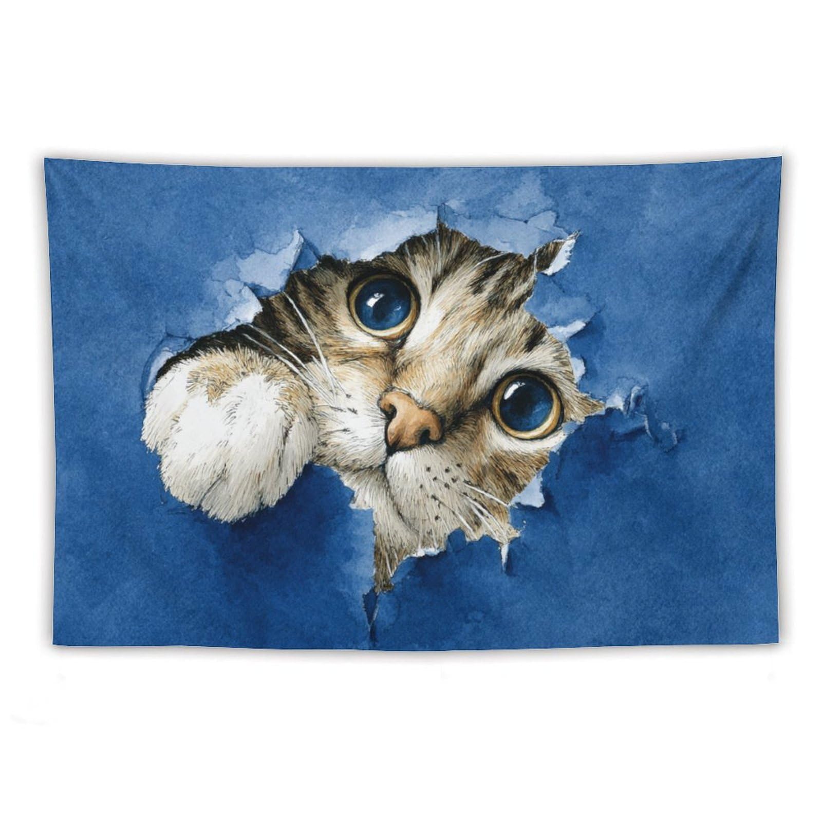 Jubonexis Cat Peeking Out A Hole Blue Paper Watercolor Tapestry Polyester Aesthetic Wall Hanging Bedroom Living Room Dorm Decor 40"x60"