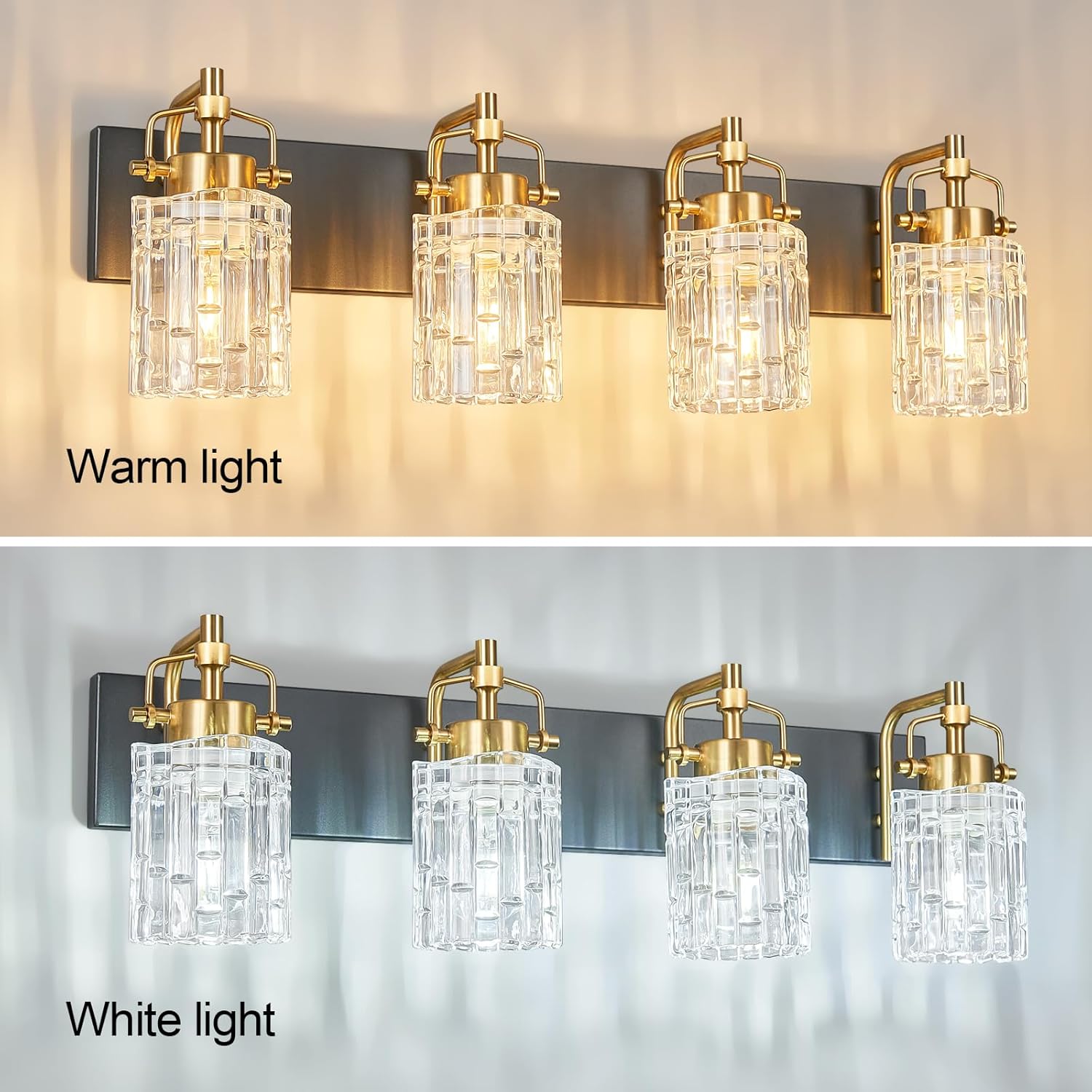 4 Light Crystal Glass Vanity Light, Black Gold Bathroom Lighting Fixtures Over Mirror Modern Bath Wall Sconce Lighting for Bedroom Living Room
