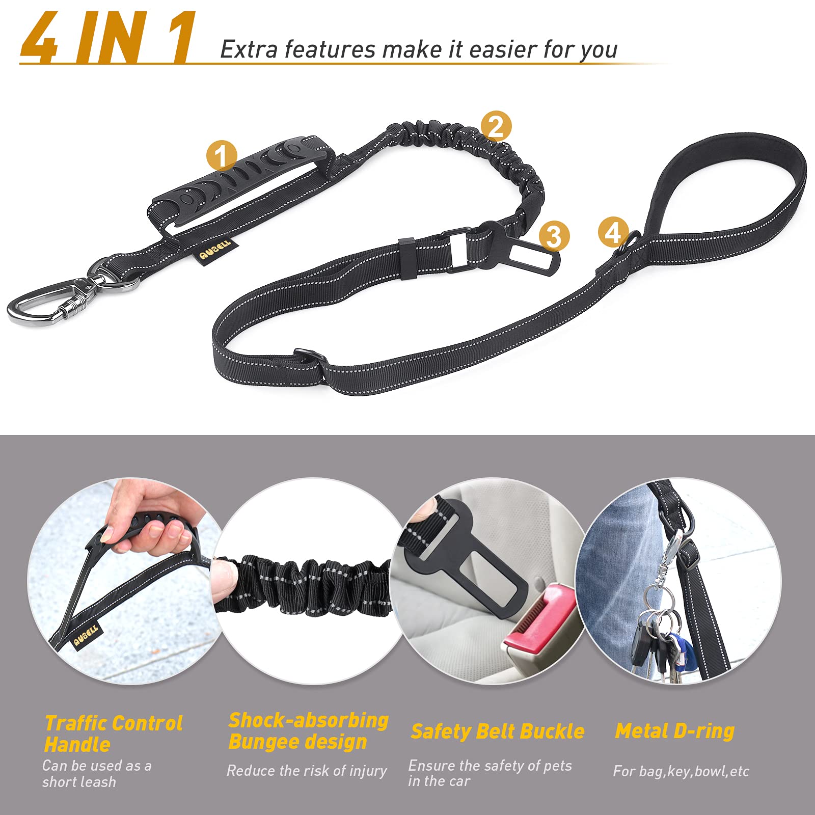 AUBELL Tactical Dog Lead Heavy Duty,4-6ft Reflective Strong No Pull Bungee Lead for Medium Large Dogs with Comfortable Padded Double Handle,Car Harness - Image 3