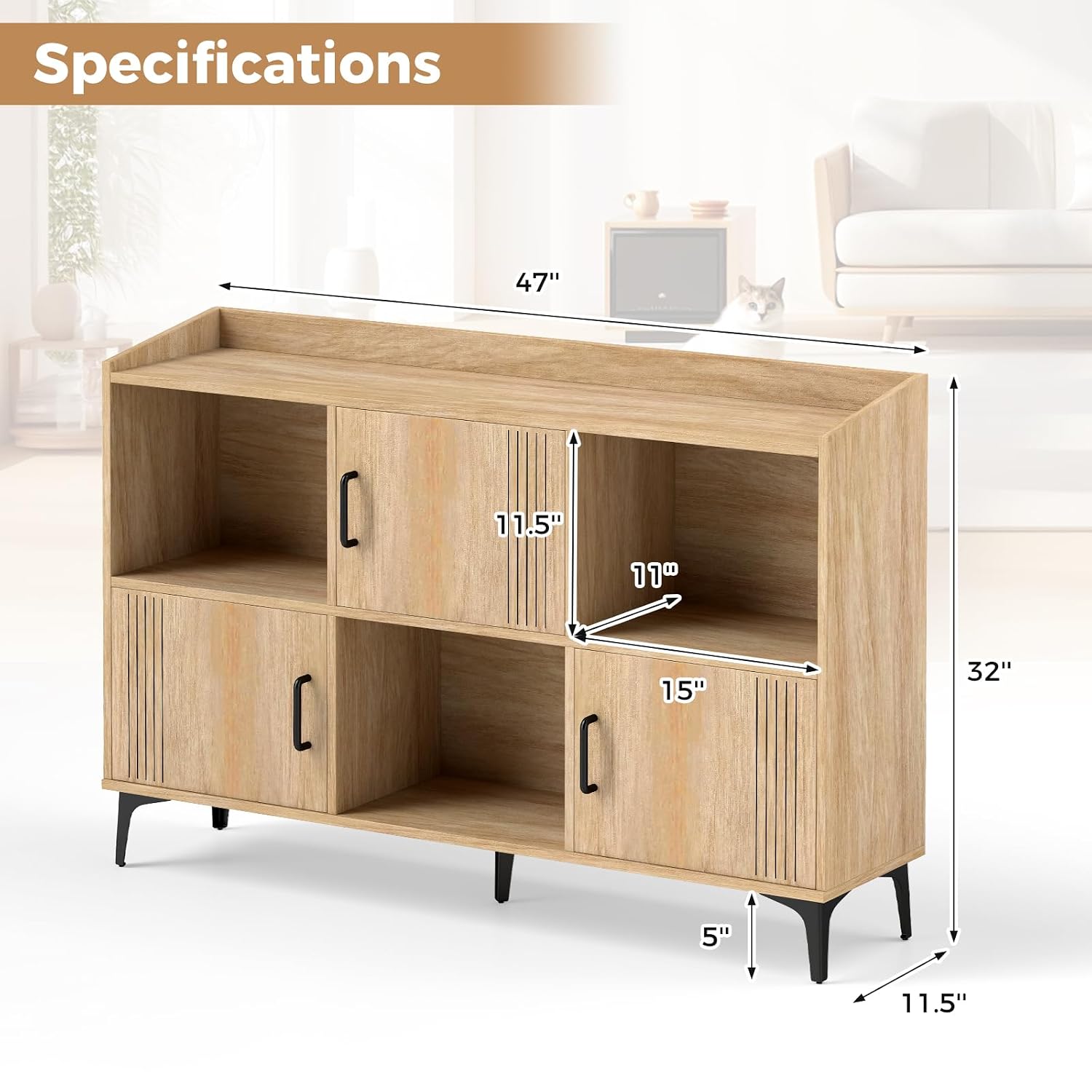 LOKO 47” Wide Storage Cabinet, Large Bookcase with 3 Door Cabinets & Open Shelves, Wood Buffet Cabinet, Sideboard with Anti-tip Kits, Freestanding Storage Cabinet for Living Room, Dining Room