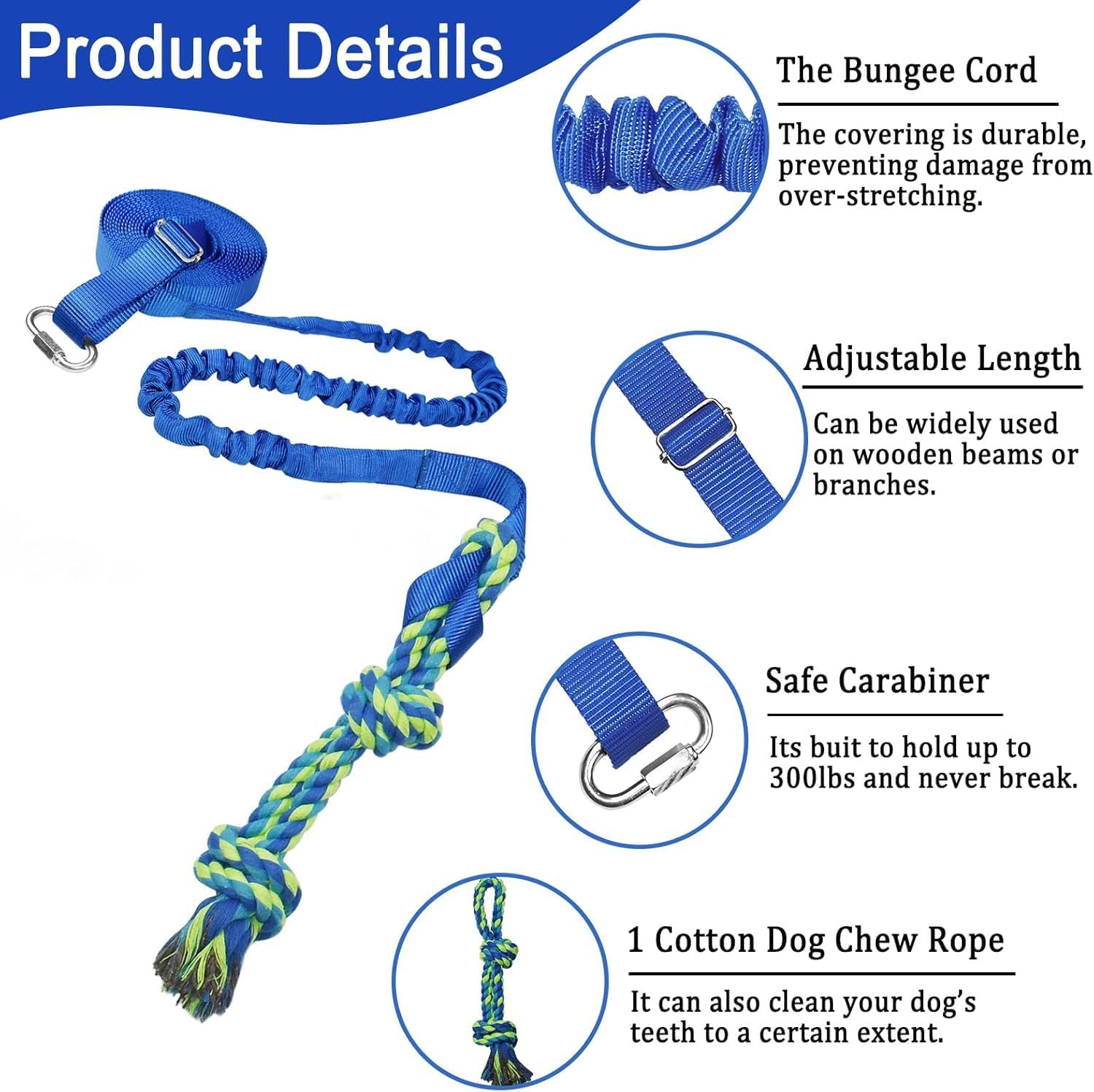 Dog Bungee Tug Toy Hanging from Tree,Outdoor Tether Tug of War Interactive Rope with Chew Lure for Small Medium Large Dogs (Blue) Tether Tug Outdoor Dog Toy