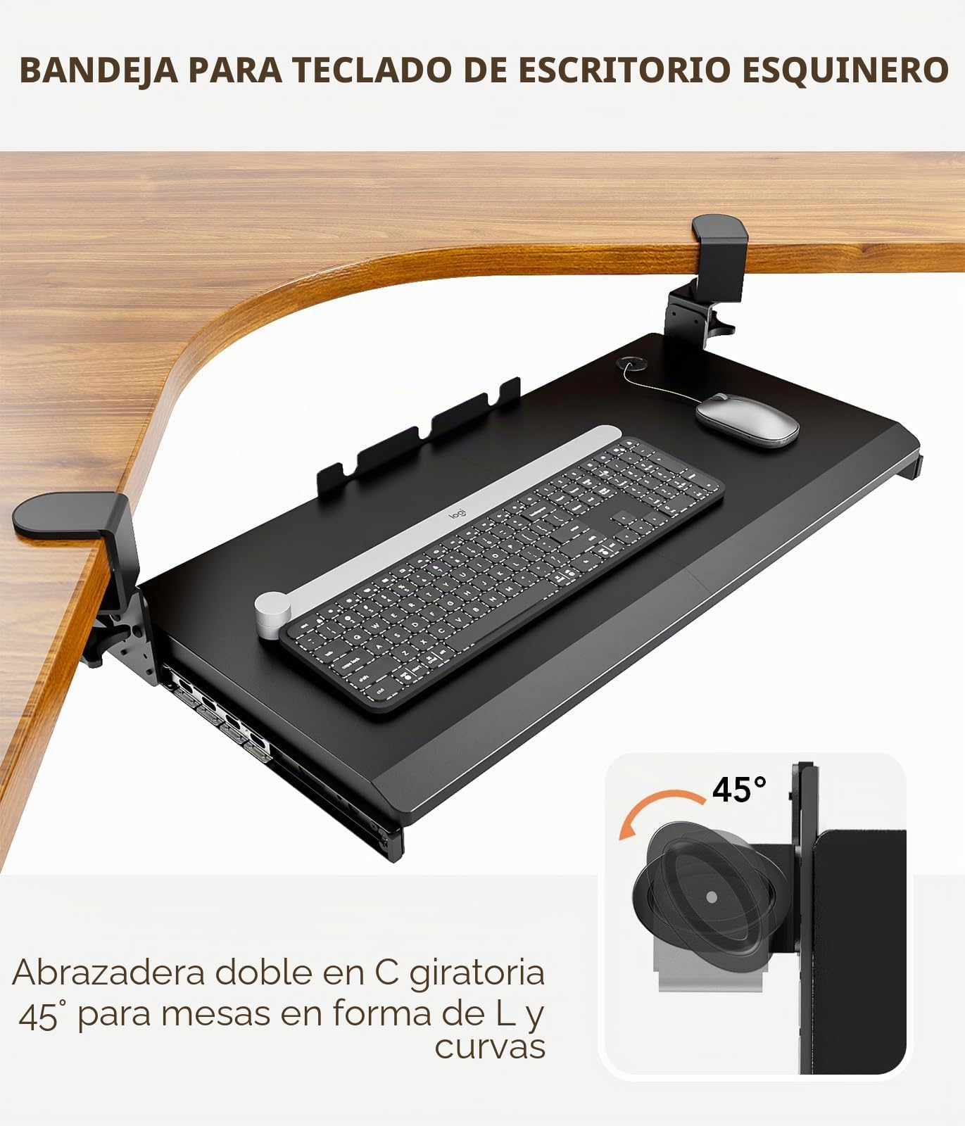 Bandeja extraíble para teclado debajo del escritorio con sistema de montaje de abrazadera C extrarresistente, 27.3 (82.5 cm incluyendo abrazaderas) x cajón de computadora de plataforma deslizante