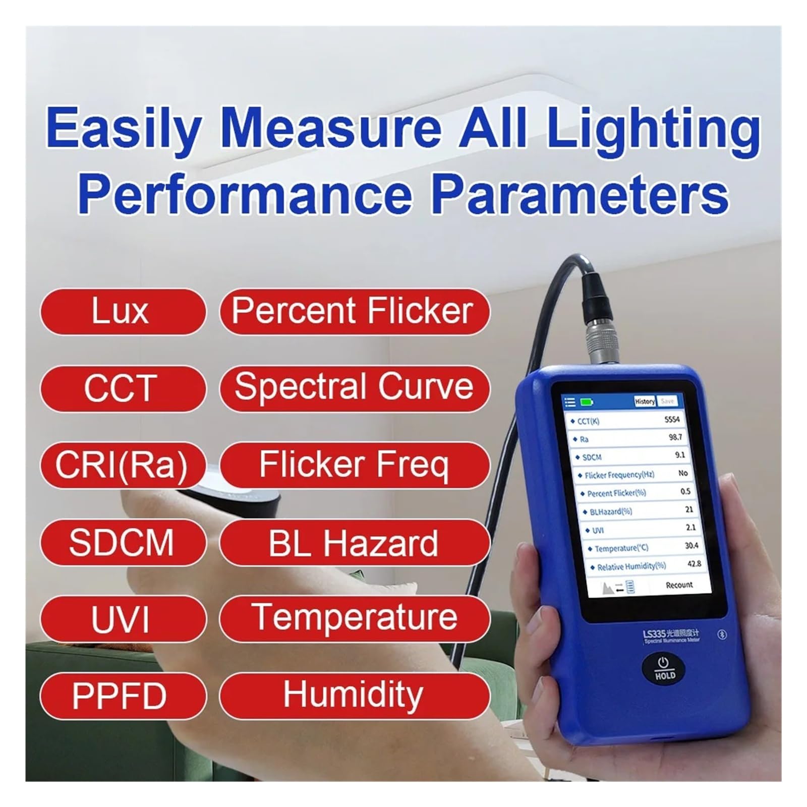 Spektrales Beleuchtungsstärkemessgerät LS335 mit einem Messbereich von bis zu 1.000.000 Lux | Zur Messung der Flicker-Farbtoleranz des UV-Index CCT CRI