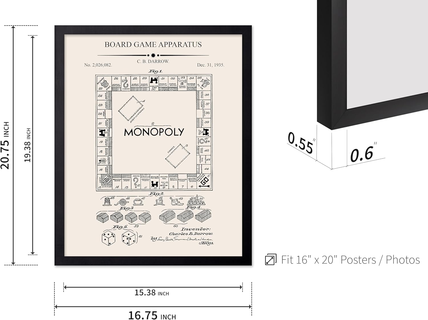 Poster Master 4-Piece Board Game Blueprint Poster - Gaming Patent Print - Chess Art - Roulette Wheel Artwork - Technical Design - Battleship Design - Office or Kid's Room Decor - 16x20 Black Framed