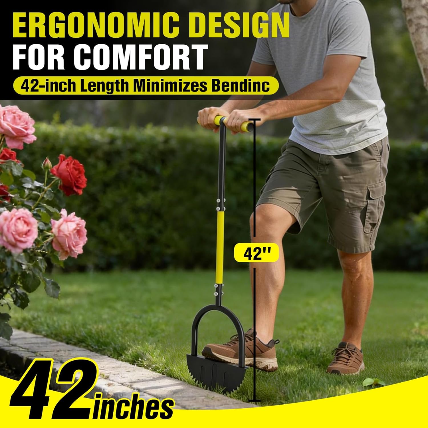 Houselife Half Moon Edger for Landscaping, 42" Manual Grass Edger Tool with V-Shape Serrated Blade, Long Handle Garden Edger for Sidewalk, Driveway & Flower Bed, 9" Wide Footplate