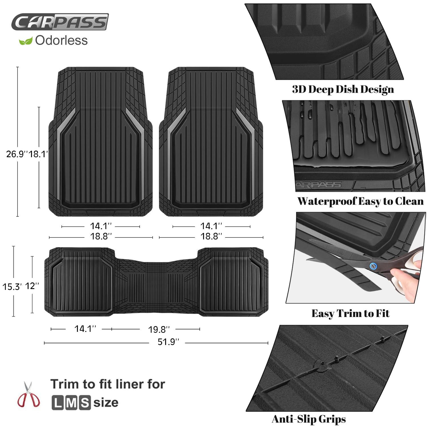CAR PASS Heavy Duty Rubber Floor Mats for Car Waterproof Liner Deep Dish Car Mats Full Sets Universal — view 3