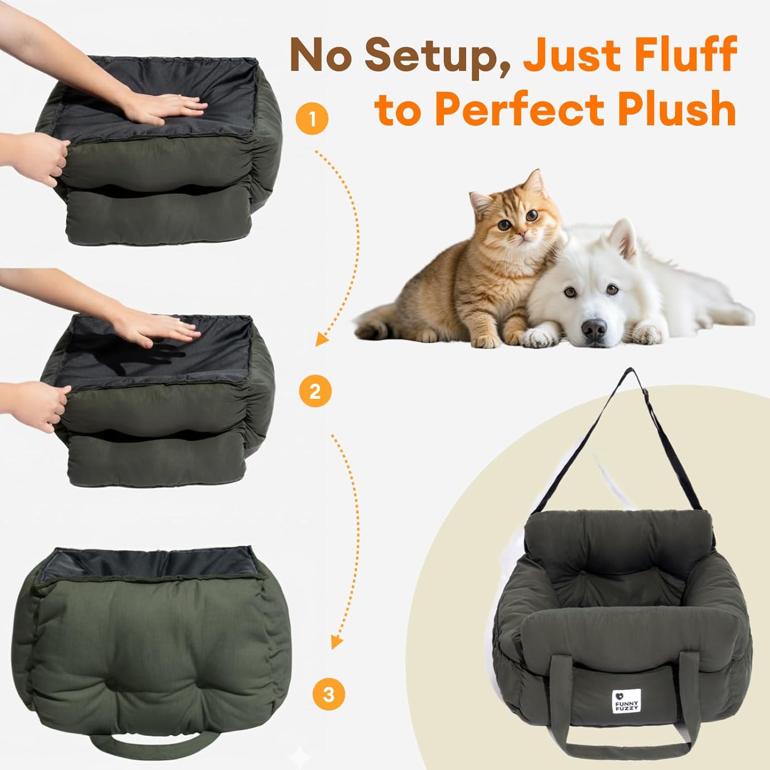 Funny Fuzzy Dog Car Booster Seat for Small Medium Dogs Up to 25lbs, Waterproof Fabric with Non-Slip Base & Safety Leash, Fully Detachable & Machine Washable (Army Green)