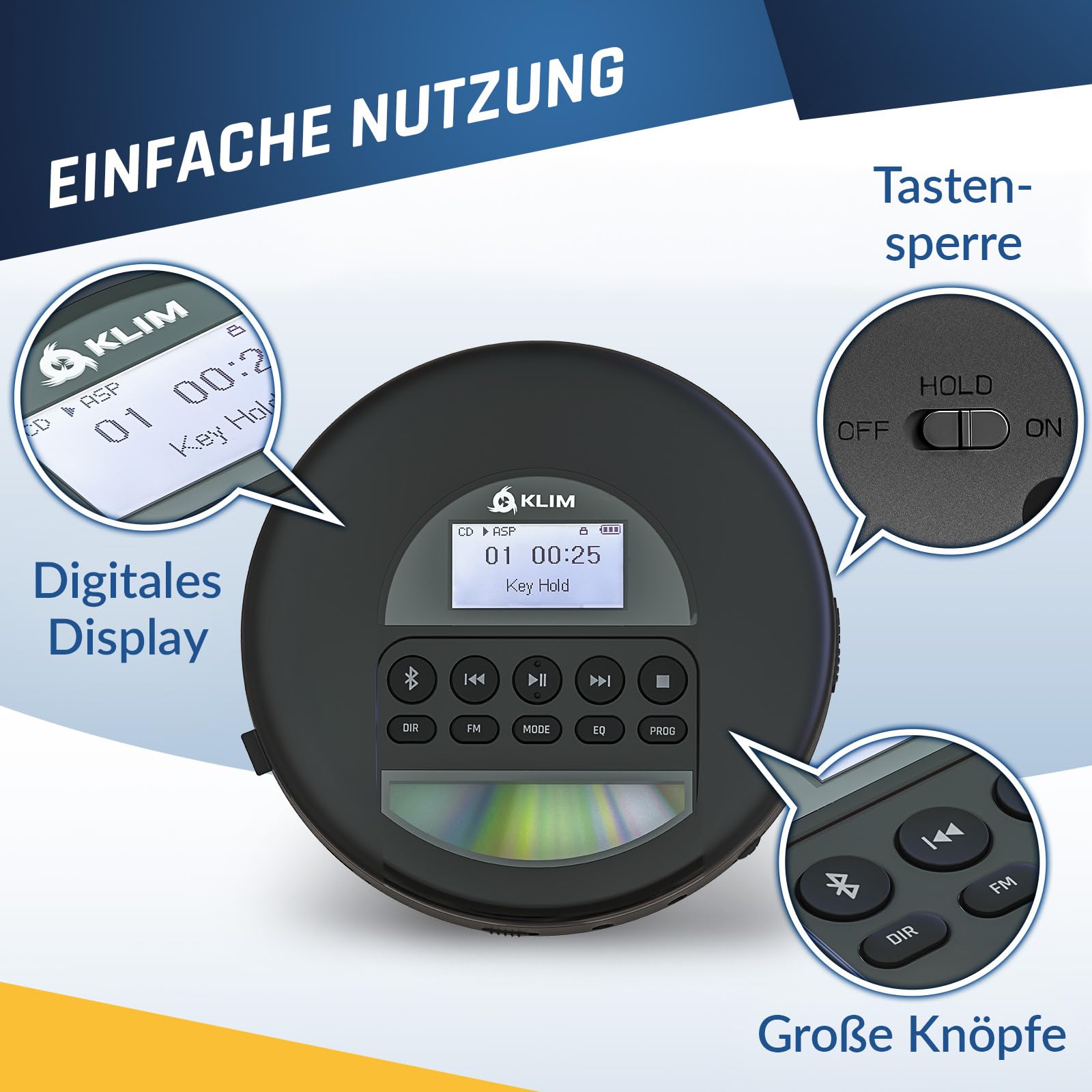 KLIM NomadCD Player Bluetooth - tragbare Discman mit langlebigem Akku - inklusive Kopfhörer - MP3, CD-R, CD-RW - TF-Reader, Radio FM - ideal für Autos
