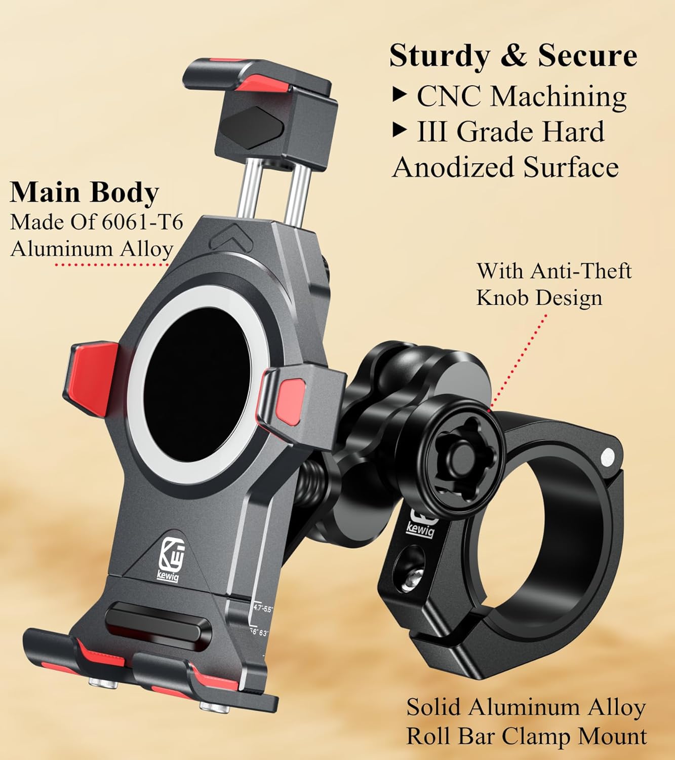 BRCOVAN Anti-Theft Aluminum Alloy UTV Phone Holder with Vibration Dampener & Secure Lock, Adjustable Roll Cage Cellphone Mount Fit 1.5''/1.65''/1.75''/1.85''/2'' Roll Bar, for 4.7''-7.2'' Smartphone