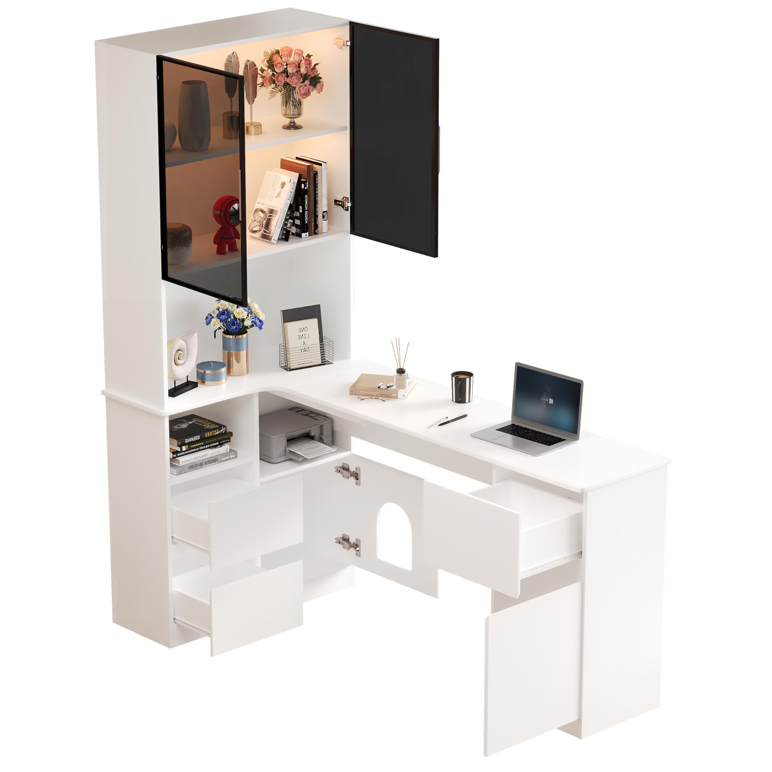 Scrivania angolare con ripiano e vetrina a LED, 120 x 80 x 180 cm, scrivania per computer con passacavi, 3 cassetti e 2 ante, libreria con scomparti aperti e scomparto per animali domestici, per casa