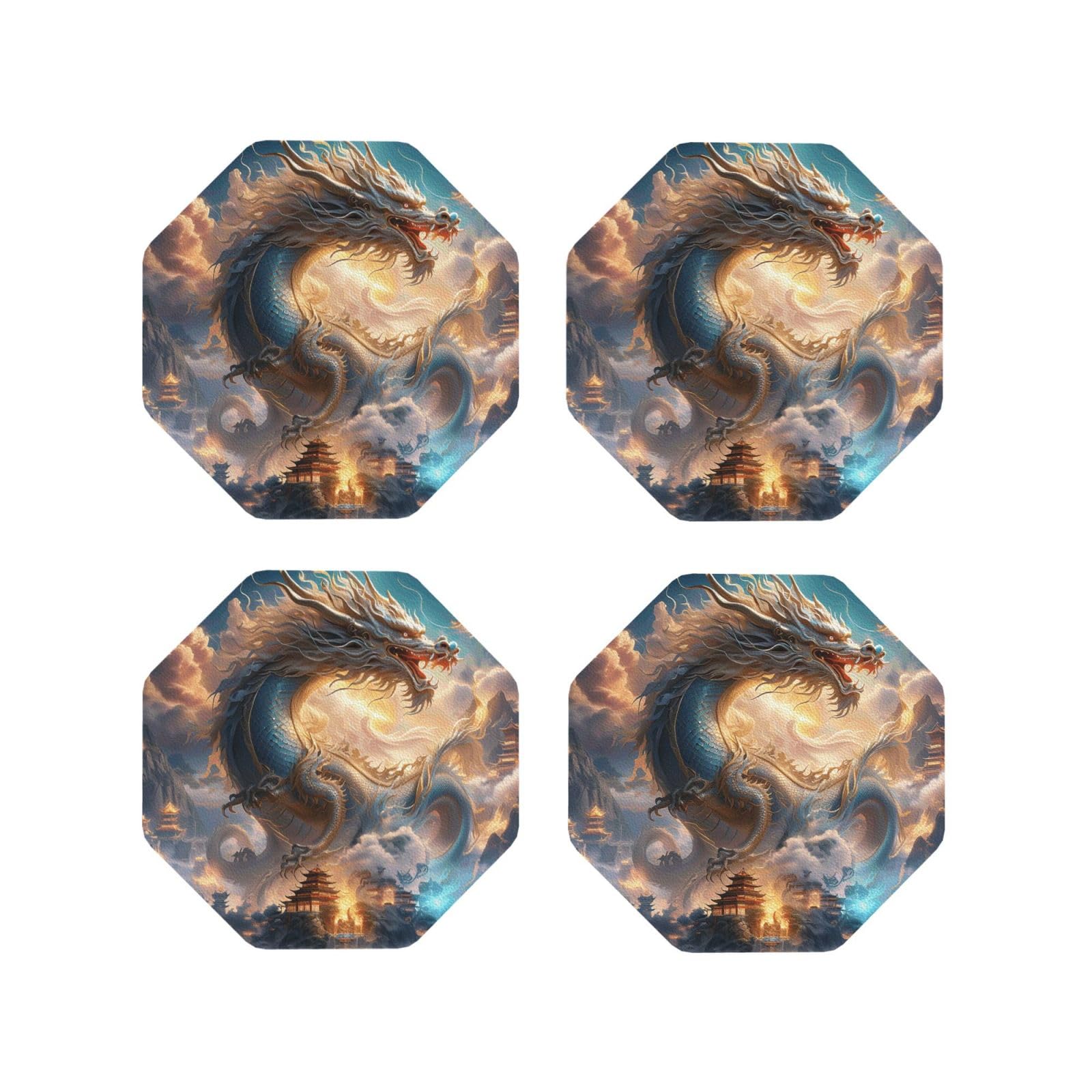 4Pcs PU Leather Coaster for Drinks, Dragon in the Heavenly Palace Cup Coastersr 4" Cup Mat Pad, Aesthetic Drink Coasters for Coffee Table, Octagon Coaster for Tabletop Protection