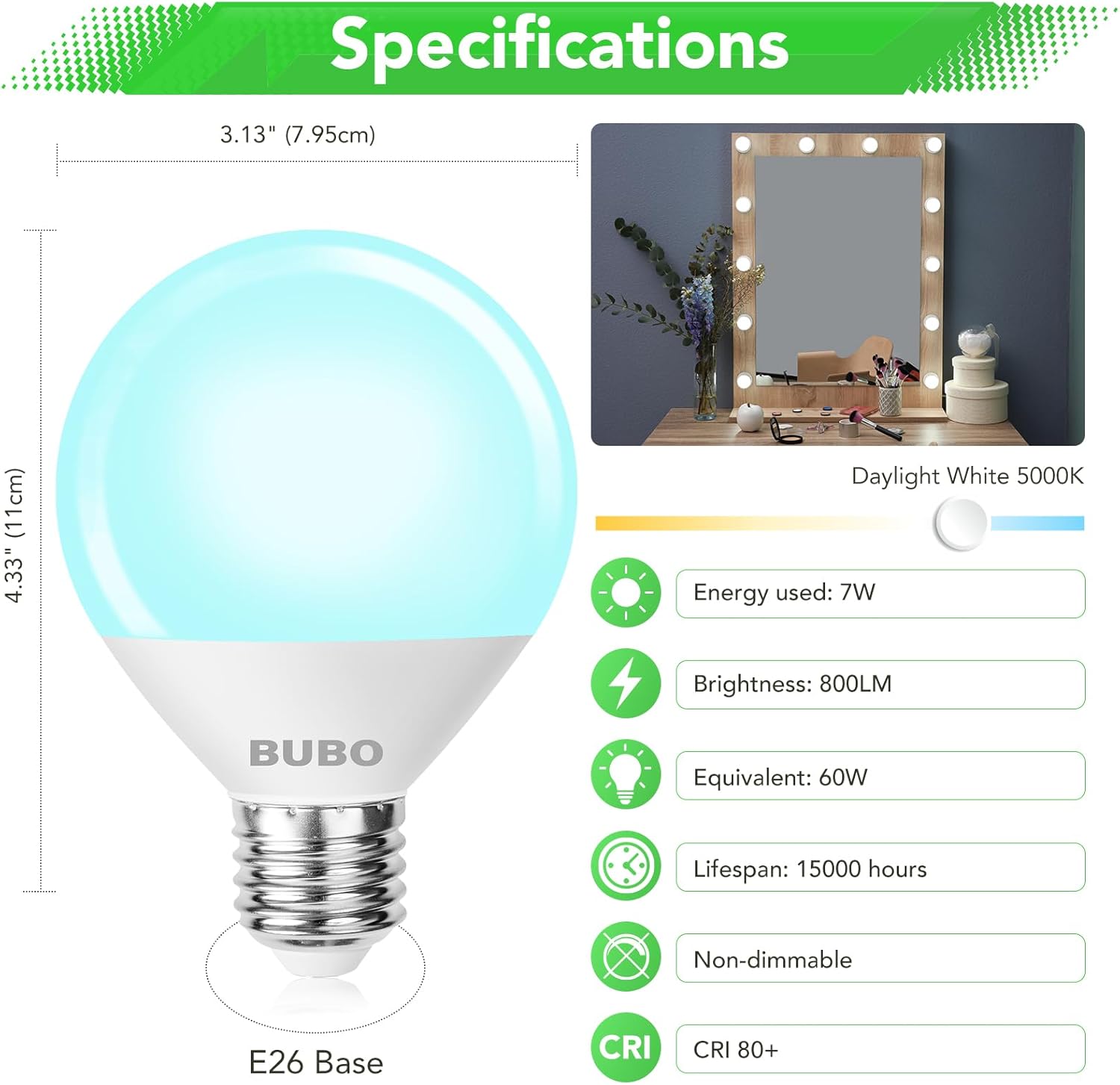 BUBO Globe Light Bulbs 60 Watt Equivalent, Vanity Light Bulbs for Bathroom Over Mirror, Daylight White 5000K Round Light Bulbs, G25 LED Light Bulbs 800LM, E26 Medium Base, 7W, Non-Dimmable, 10 Pack