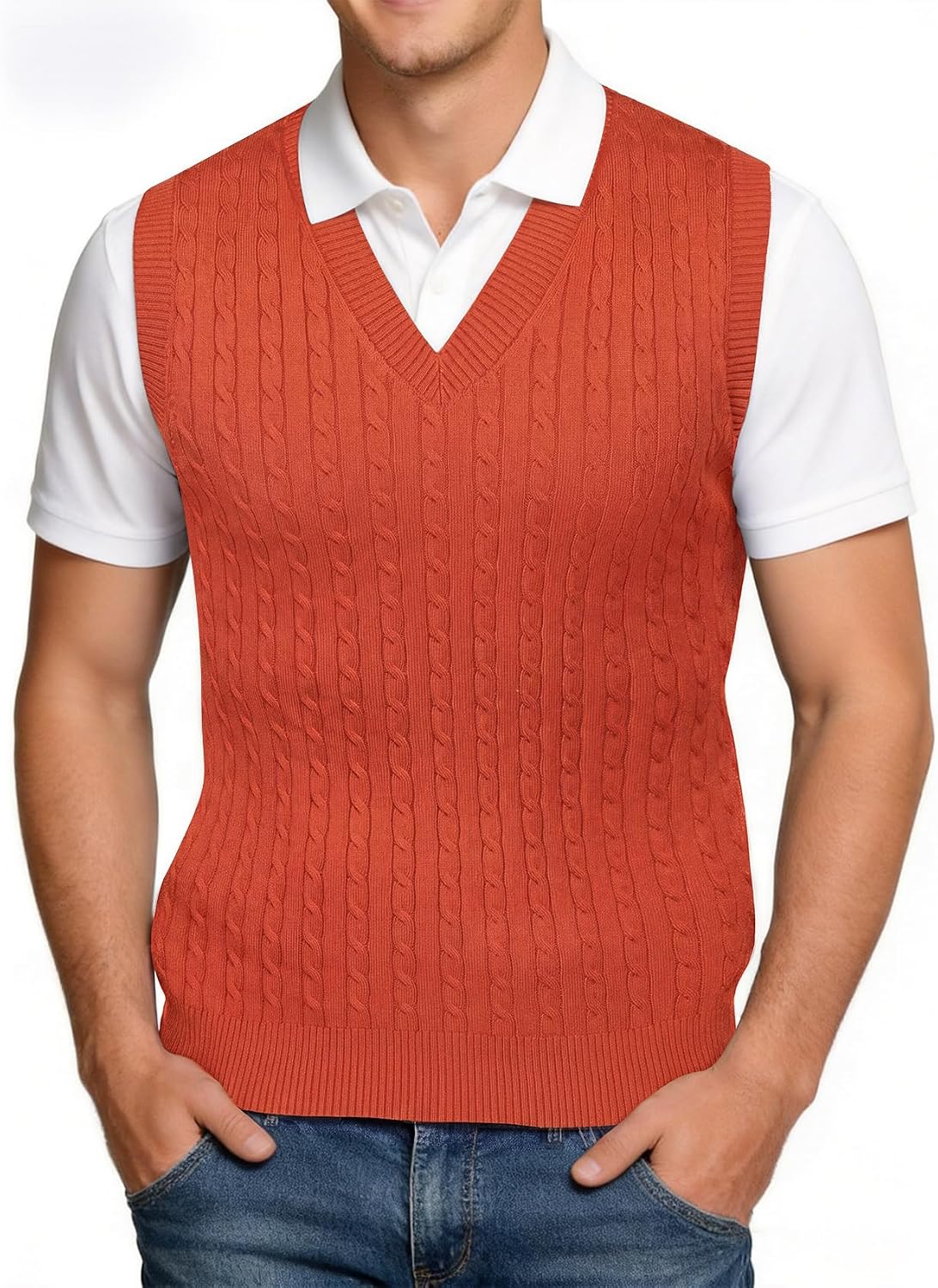 Barry Wang Mens Sweater Vest Wool Blend Cable Knit V‑Neck Sleeveless Casual