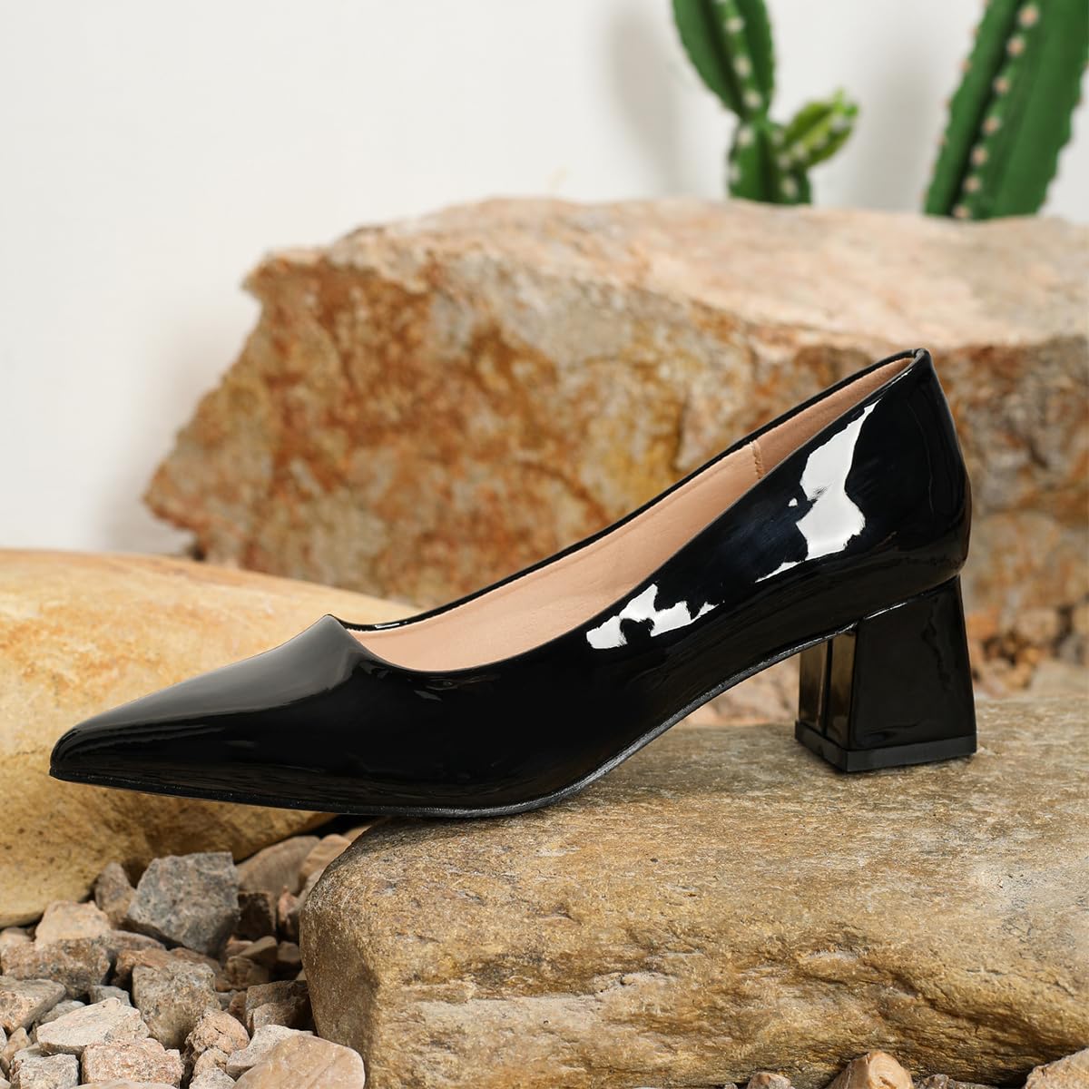 Tacchi a Blocco in Pelle Verniciata Slip-on da Donna décolleté a Punta con Tacco Medio Largo per Quotidiano Casual & Affari