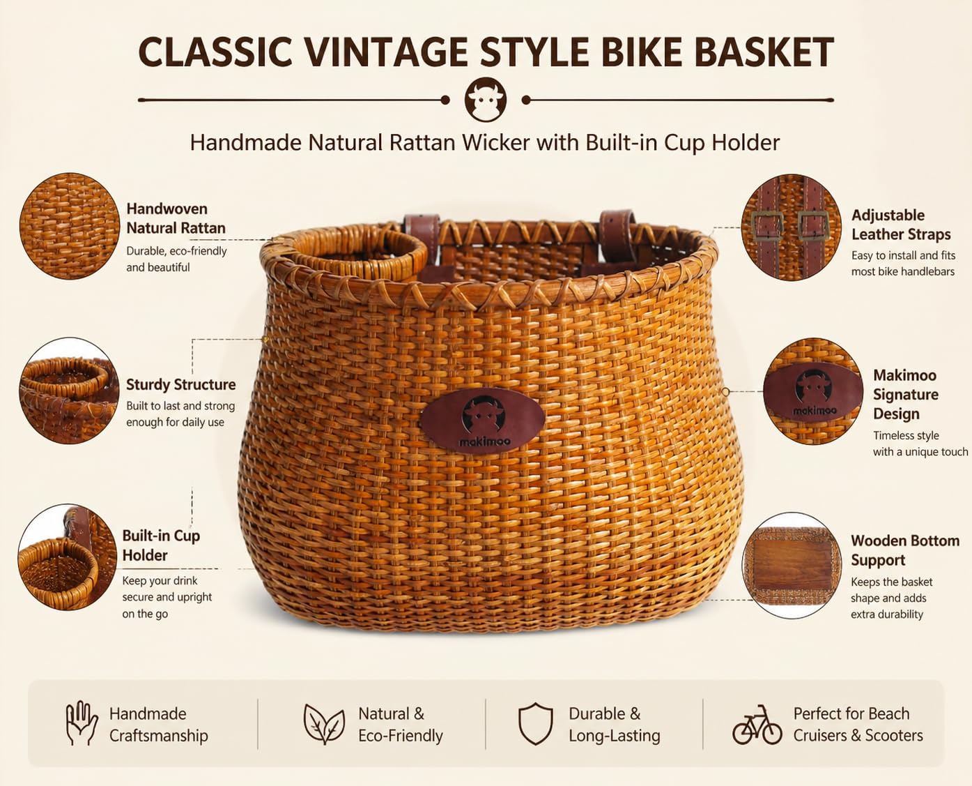 Cesta de bicicleta para mujer, crucero de playa o scooter, cestas de mimbre originales con portavasos integrado para manillar delantero, estilo clásico vintage, hecho a mano de mimbre natural de ratán