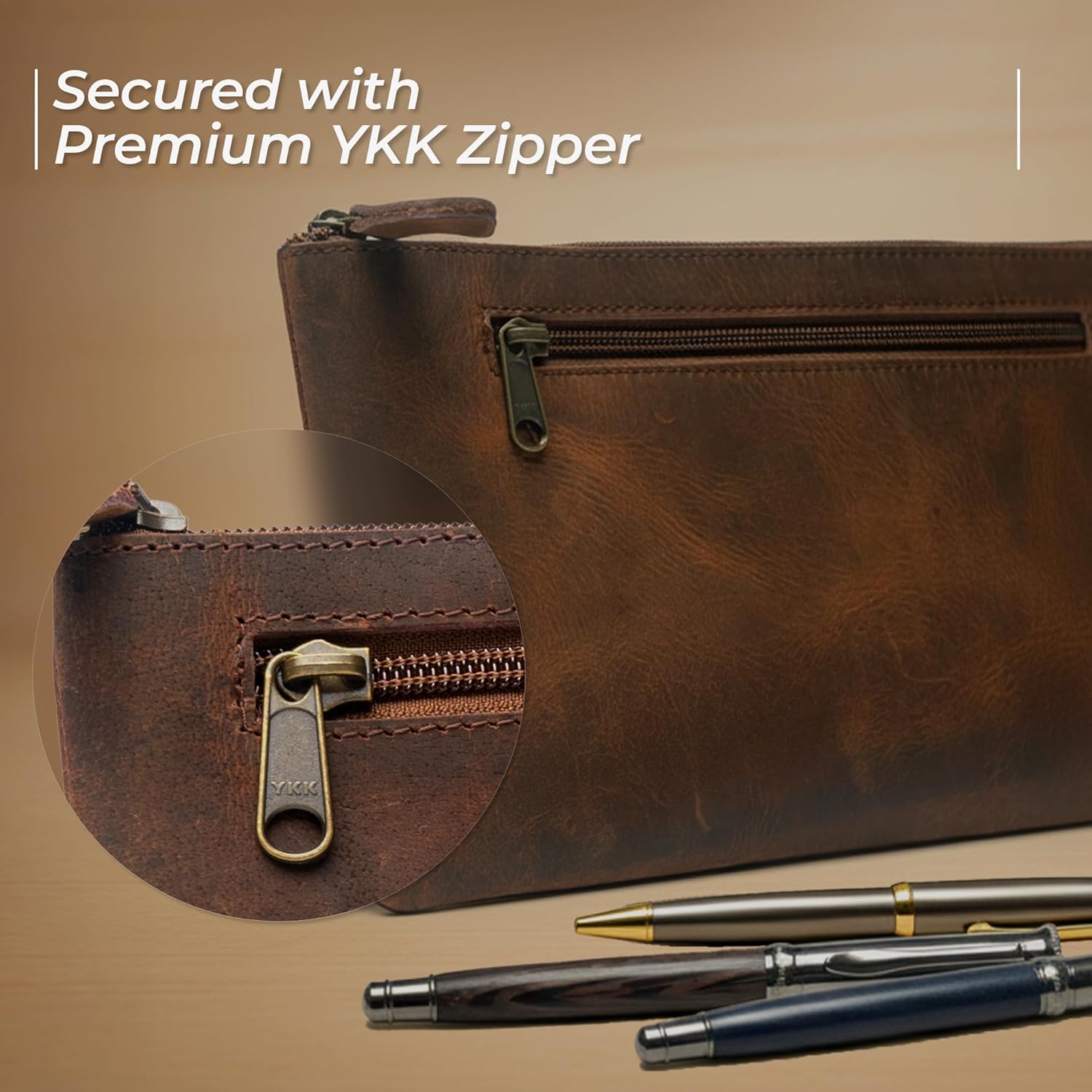 WANDERINGS Vintage Leather Pencil Pouch Case - 9"x5.5" - Hand Crafted Functional Brown Leather Zipper Pouch - Slim Pencil Case Holder for Men and Women - Pencil Bag for Artists - Image 7