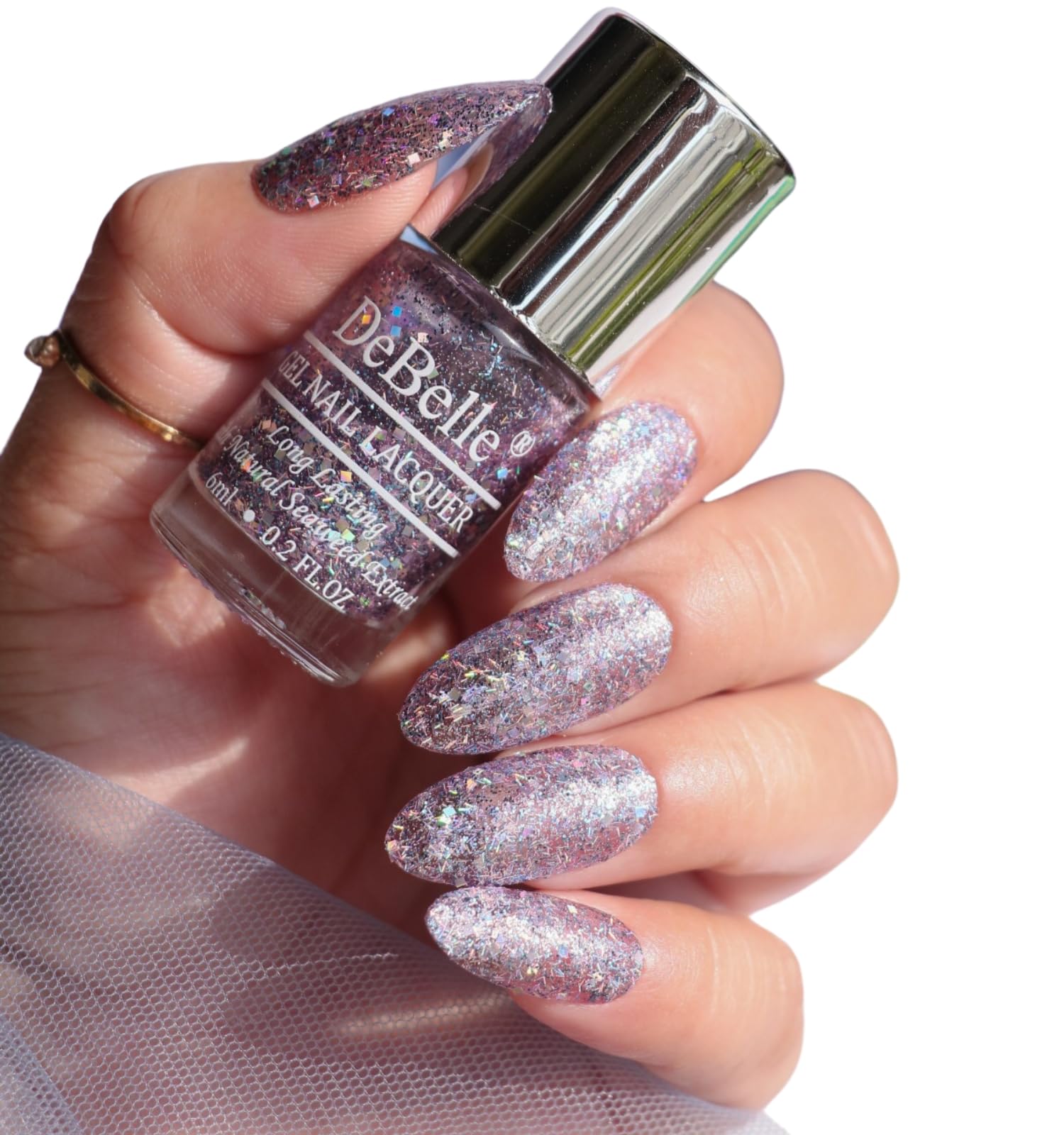 DeBelle Gel Nail Lacquer Tatiana Tassles(Clear Light Purple with Chunky Glitter) | Non UV - Gel Finish |Chip Resistant | Seaweed Enriched Formula| Long Lasting|Cruelty and Toxic Free| 6ml-image-18