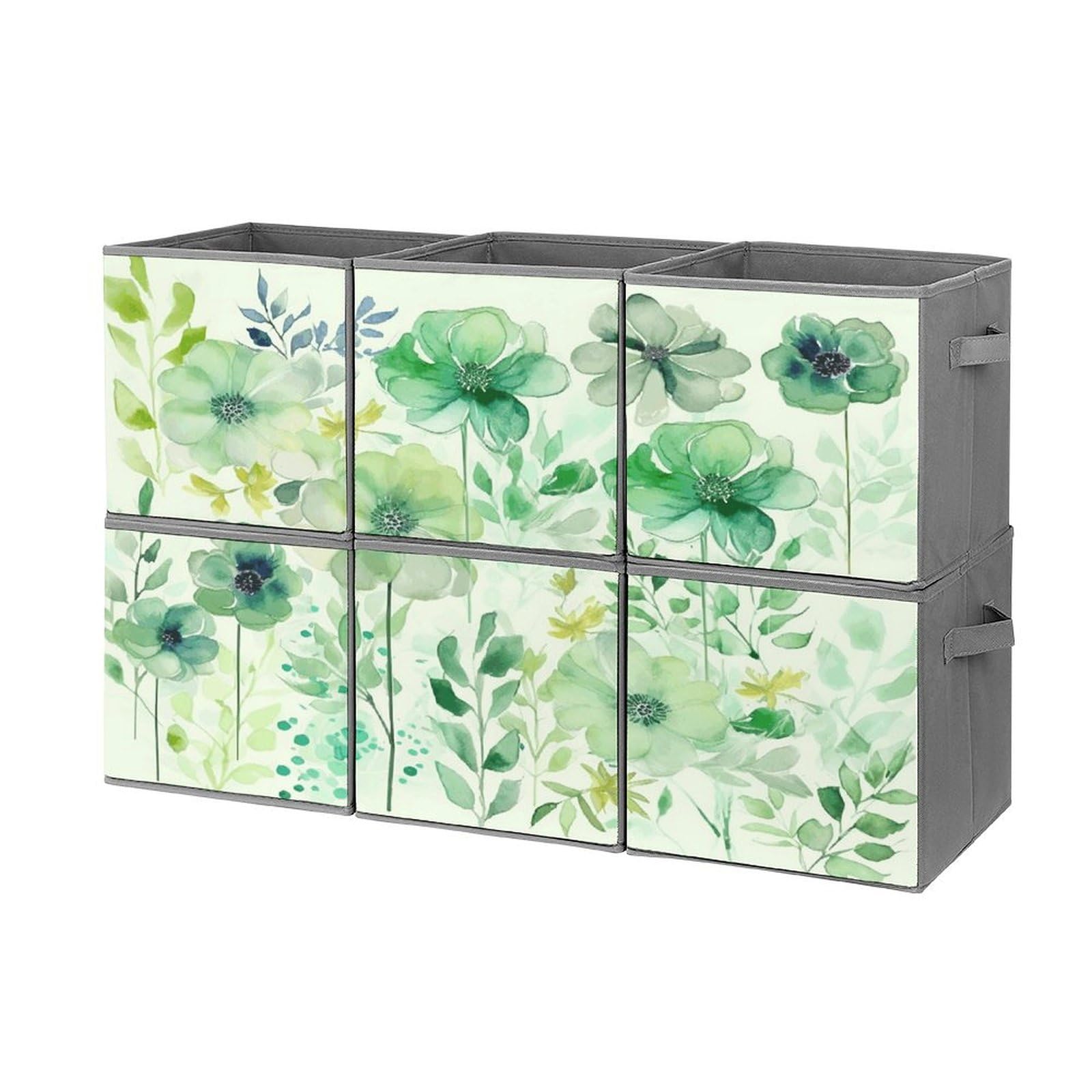 Boîtes de rangement pliables et empilables lot de 6 bacs en tissu floral motif aquarelle verte