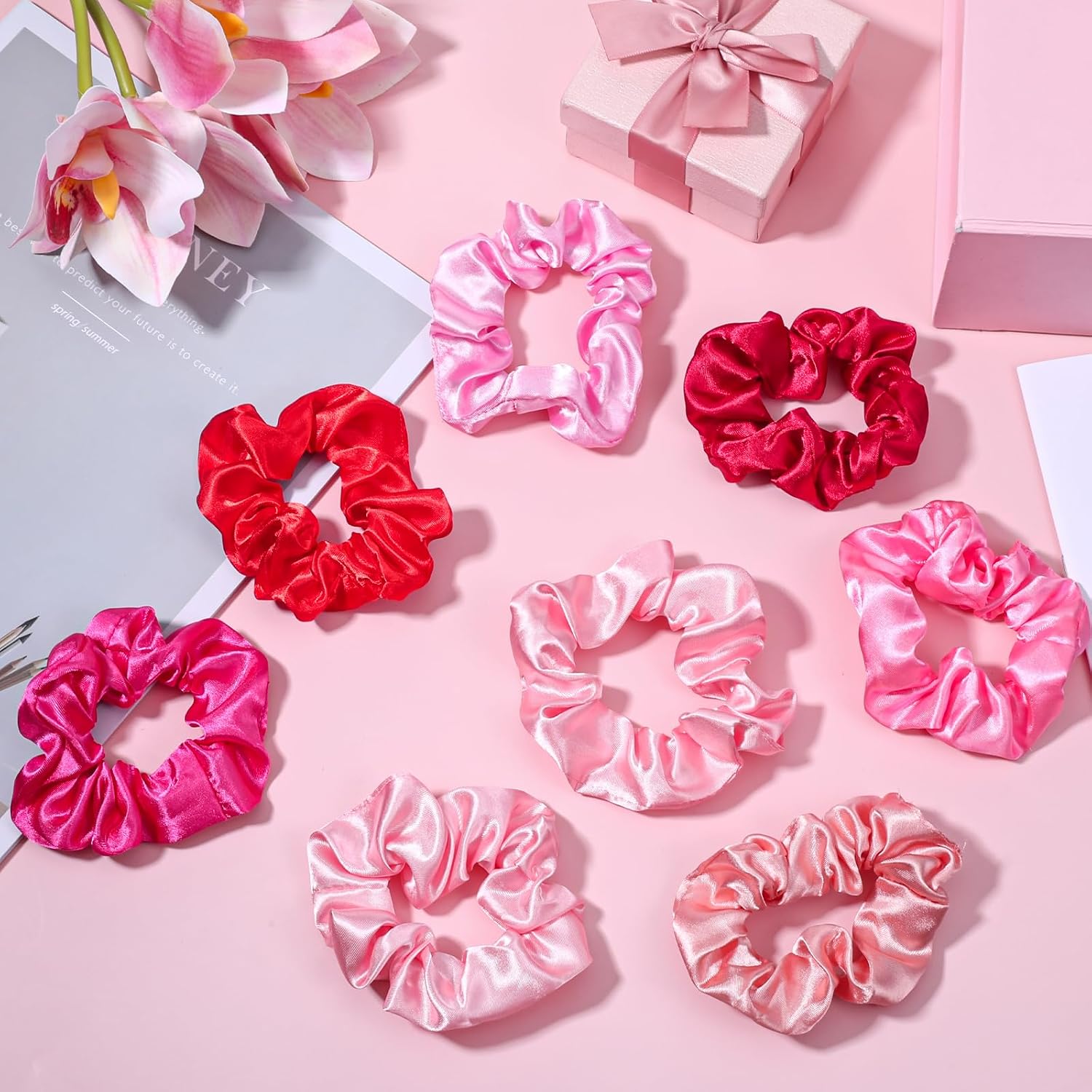 8 Pcs Satin Silk Scrunchies, Pink Silk Hair Scrunchies, Soft Hair Ties, Fashion Hair Bands, Elastic Ponytail Holders, Hair Accessories for Women and Girls (3.9 Inch, Pink)