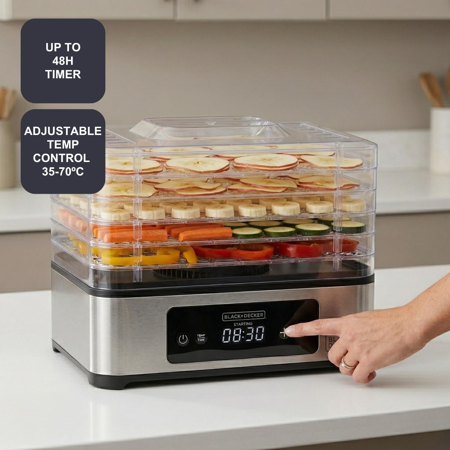 Black+Decker - essiccatore alimentare 400W | 5 vassoi trasparenti 29x21 cm | pannello digitale touch | temperatura regolabile 35-70°C | timer 48h | spegnimento automatico | senza BPA