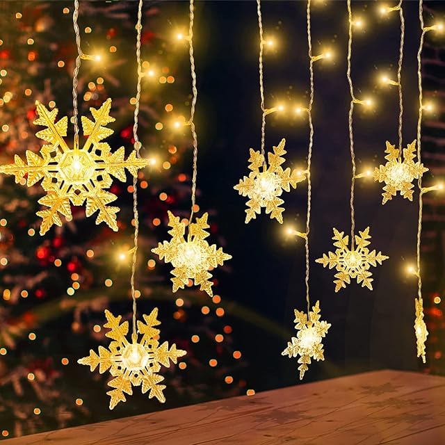SALCAR 3m Curtain Lights, 18 Snowflake LED Curtain Lights Mains Powered, 108 LEDs Window Fairy Lights with 8 Flashing Modes, Christmas Lights for Indoor Outdoor Bedroom Wedding Party, Warm White