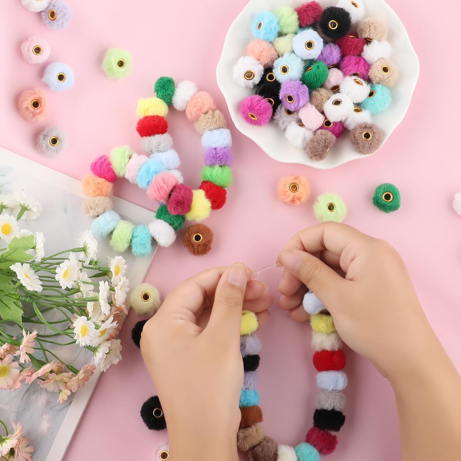 200 Pcs Fluffy Faux Fur Pom Pom Beads, 0.9 Inch Mixed Colors Soft Puff Pom Poms for DIY Pens Crafts, Beadable Items for Keychains, Jewelry, Bracelet Necklace Making and Handicrafts Accessories - Image 4