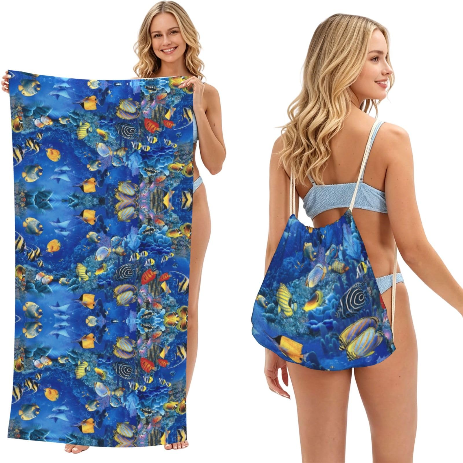 ESNAIUVCD Tropical Fishes Print Beach Towel For Adults,Towel With Drawstring Bag, Travel Pool Swimming Sports Shower Sand Free Quick Dry Bath Towel For Pool, Beach, Yoga- 180x60cm