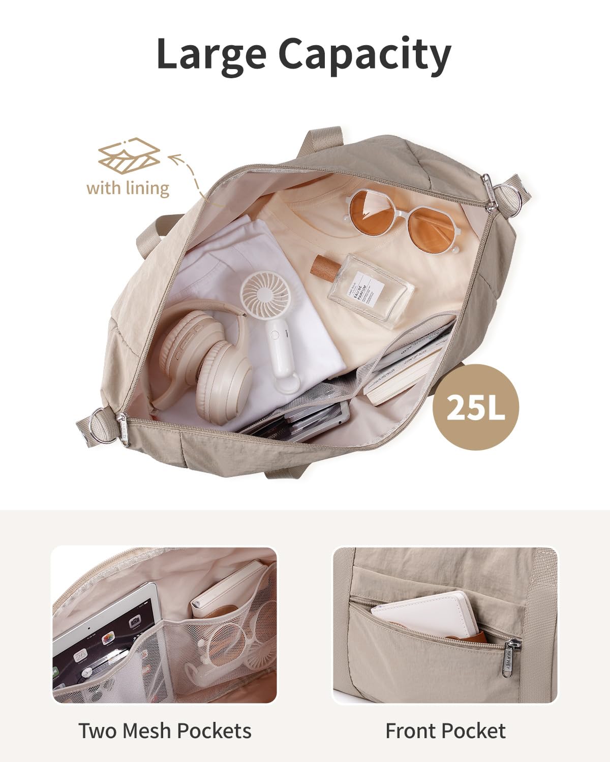 Narwey Travel Duffle Bag for Women, Lightweight Weekender Sports Gym Tote Bags for Women, Personal Item Travel Bag Airplane, Foldable Overnight Hospital Shoulder Bag for Women Travelling 25L (Khaki) — view 5